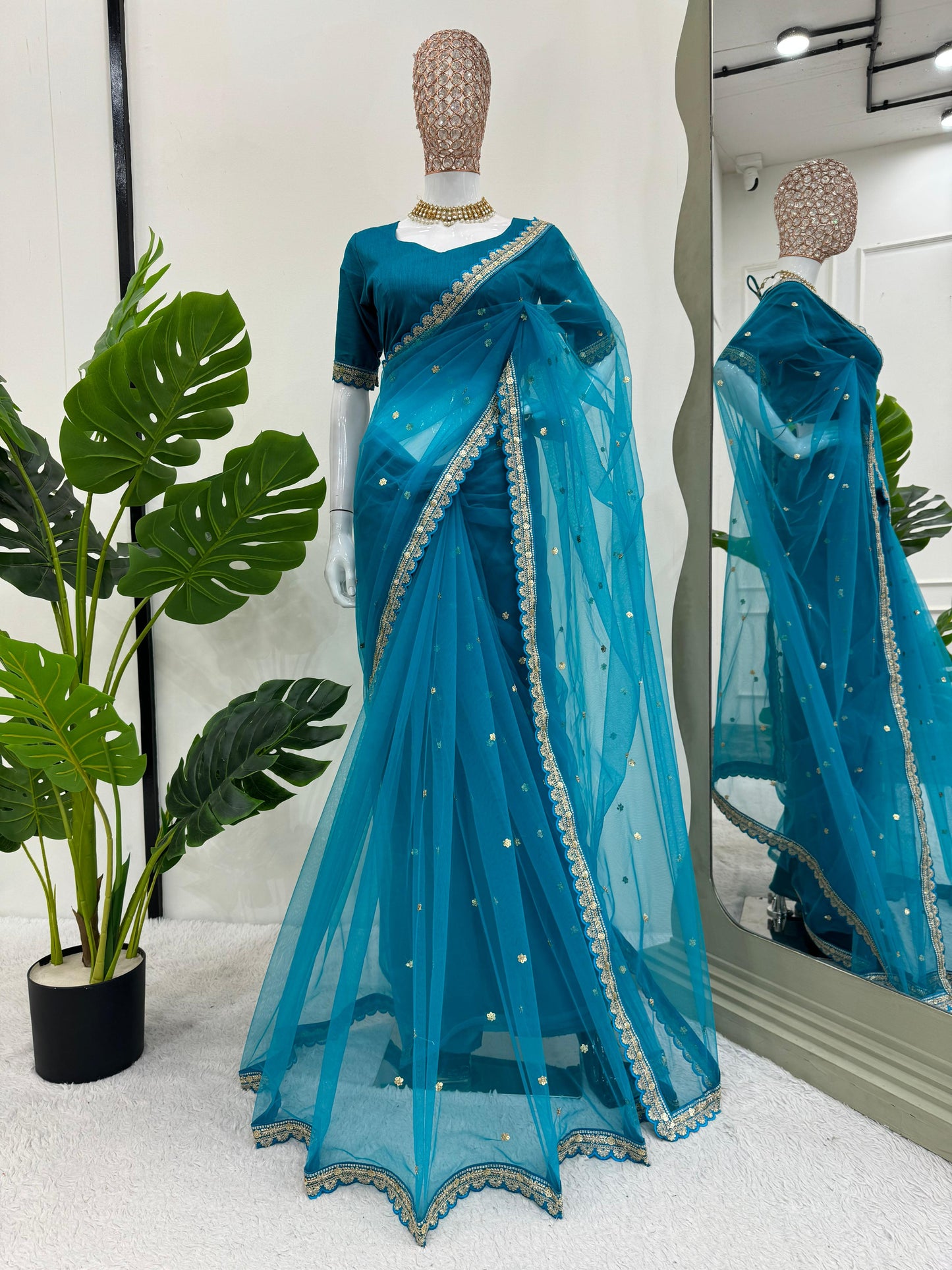 Party Wear Sky Blue Color Soft Net Codding With Sequence Work Designer Saree