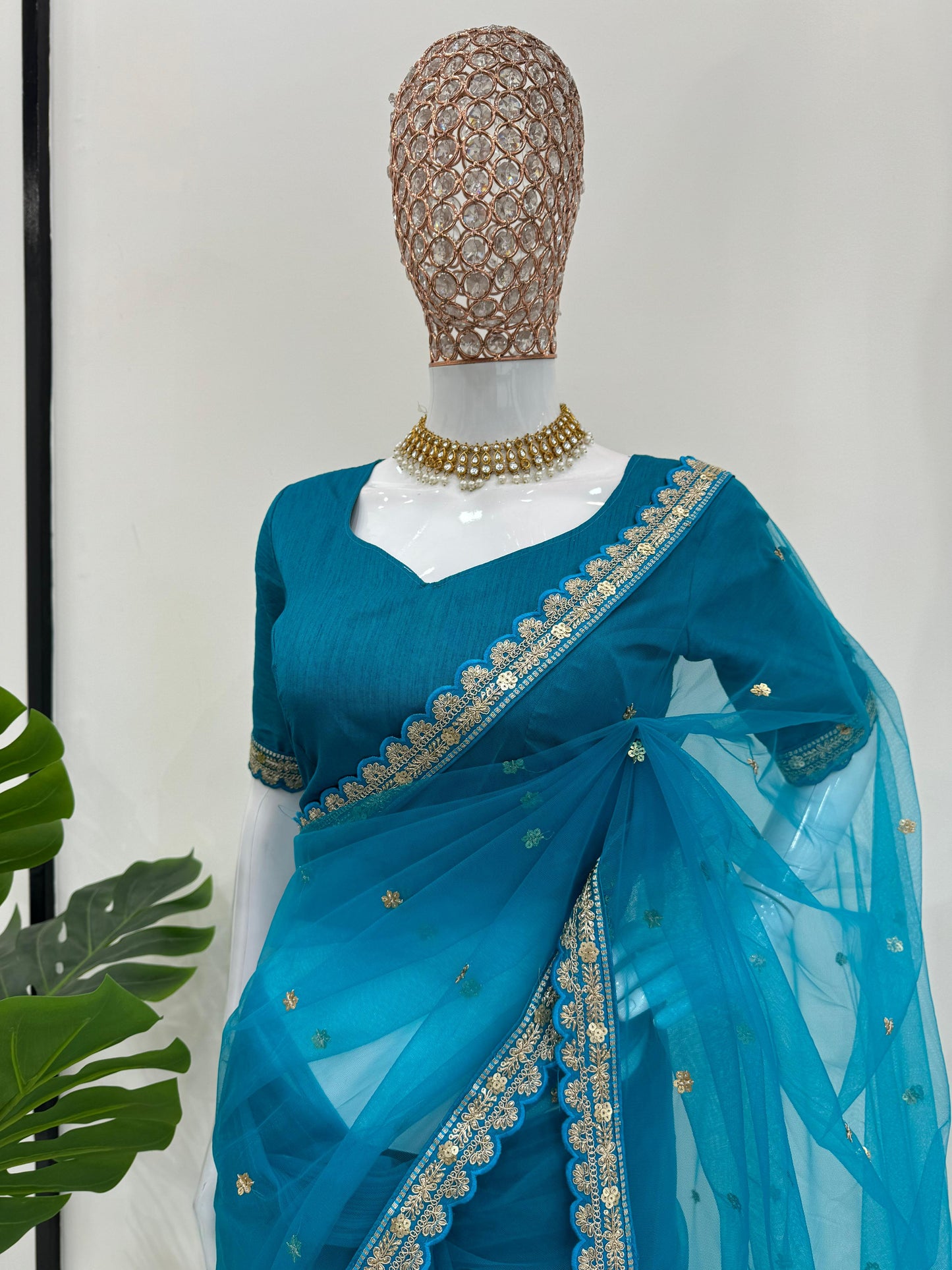 Party Wear Sky Blue Color Soft Net Codding With Sequence Work Designer Saree