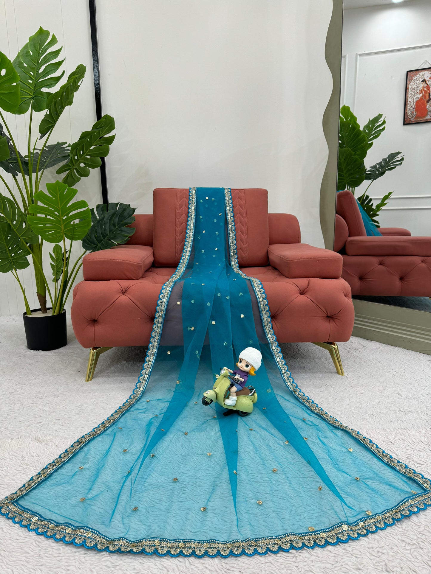 Party Wear Sky Blue Color Soft Net Codding With Sequence Work Designer Saree