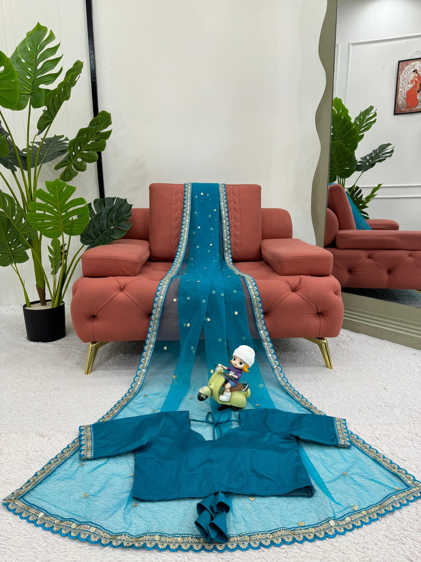 Party Wear Sky Blue Color Soft Net Codding With Sequence Work Designer Saree