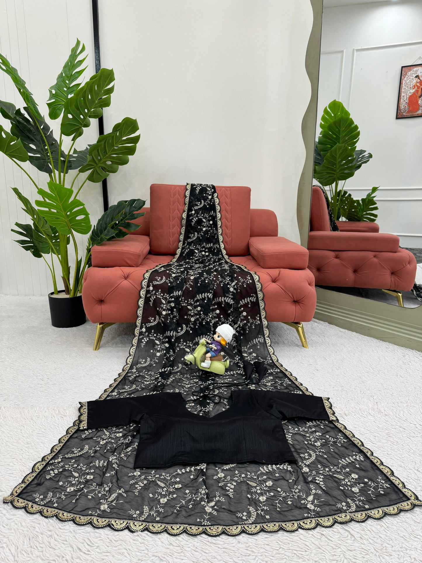 Peaceful Black Color Heavy Tabby Silk With Coding With Sequence Work Designer Saree