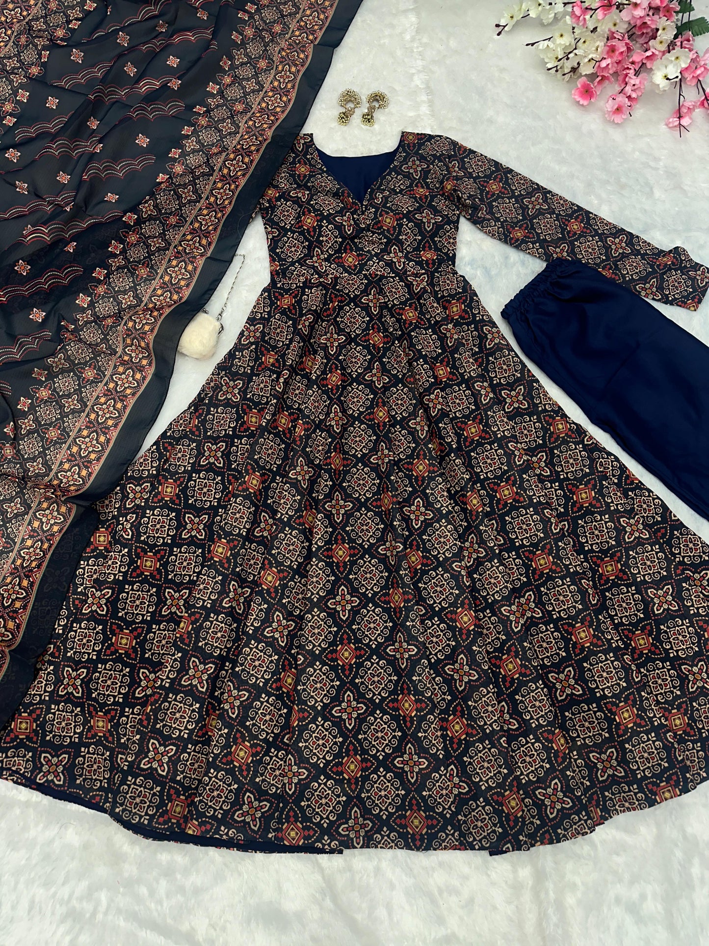 Wedding Wear Black Color Pure Soft Cotton Printed Anarkali Palazzo Suit