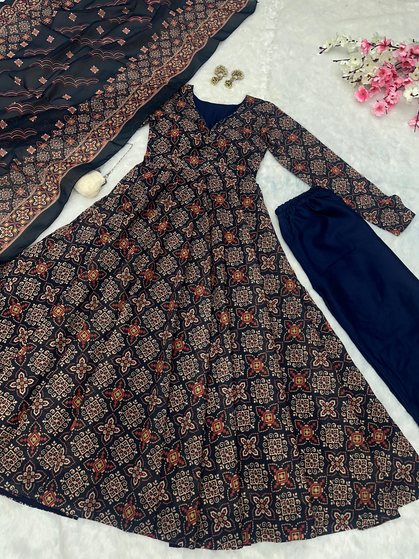Wedding Wear Black Color Pure Soft Cotton Printed Anarkali Palazzo Suit