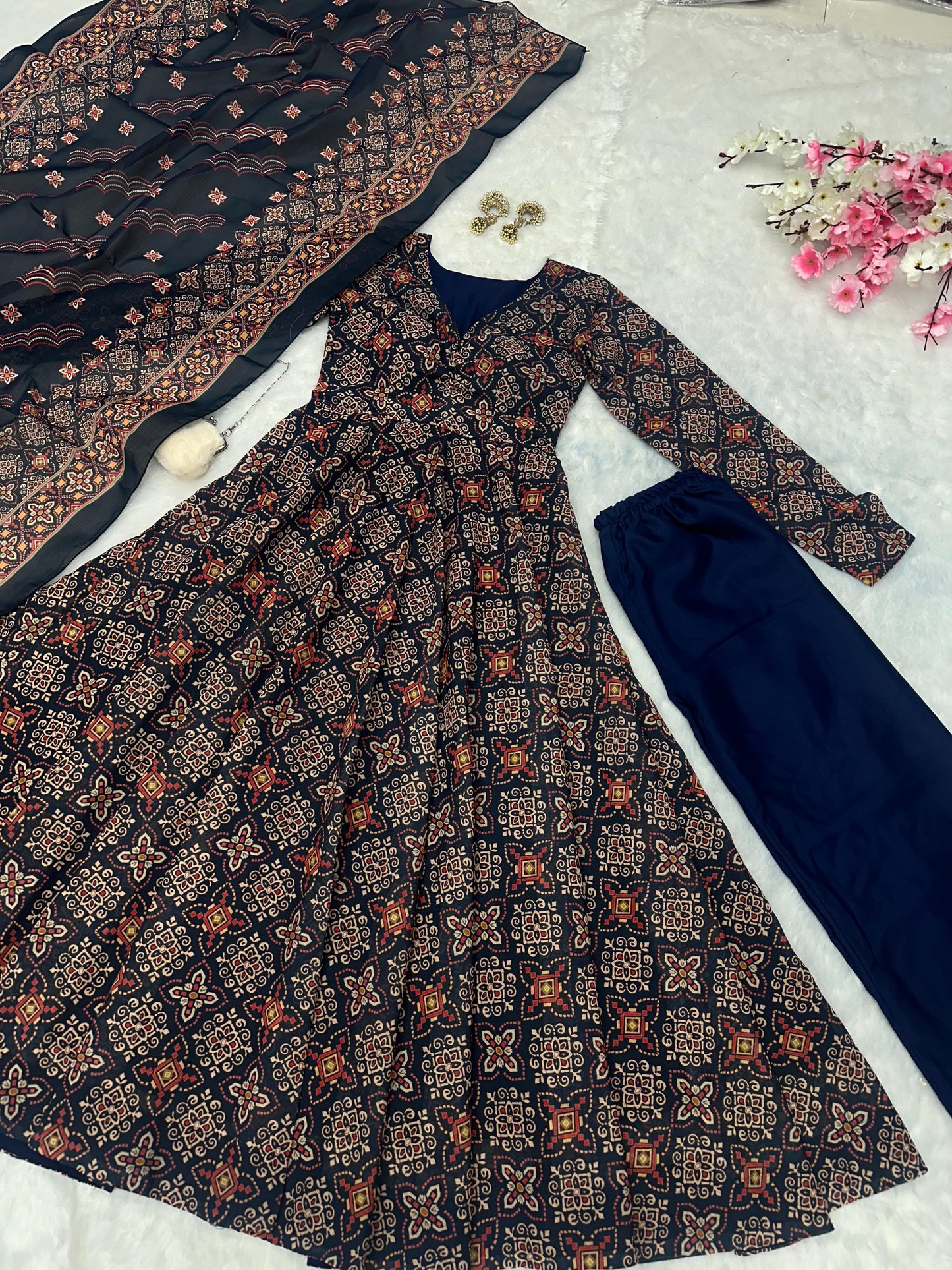 Wedding Wear Black Color Pure Soft Cotton Printed Anarkali Palazzo Suit