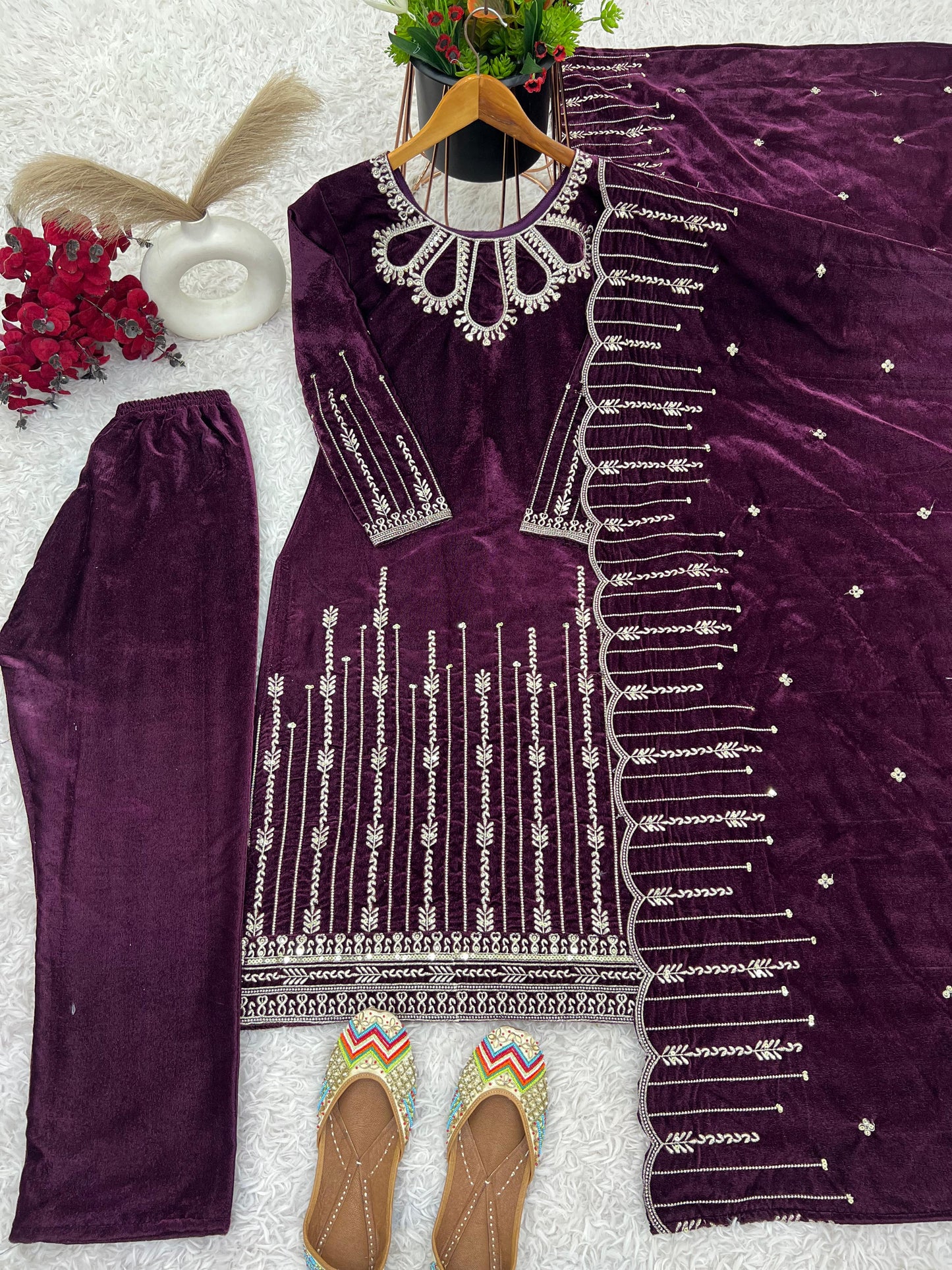 Stylish Wine Color Heavy Viscose Velvet With Heavy Embroidery Sequence Work Designer Salwar Suit