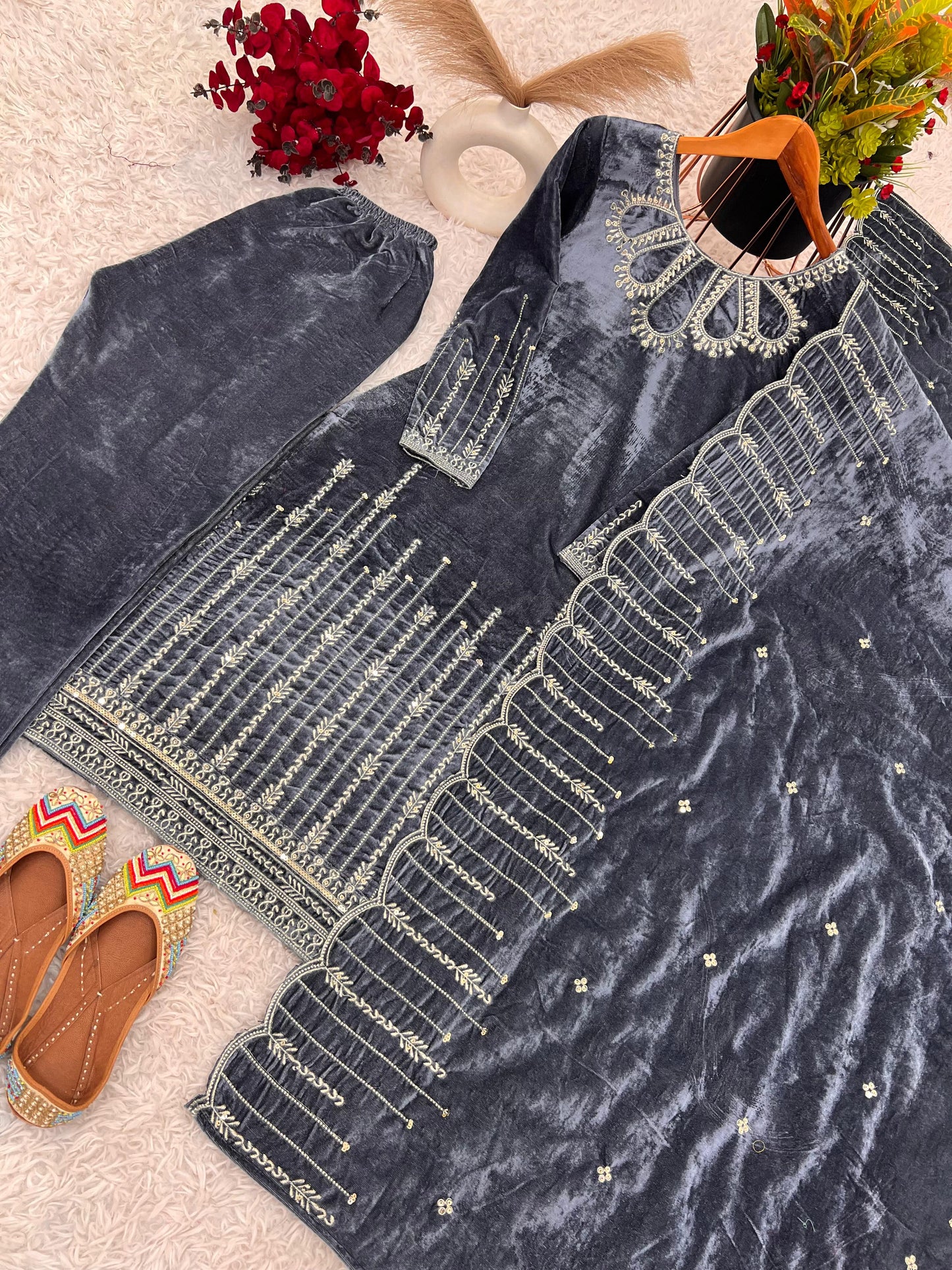 Stylish Grey Color Heavy Viscose Velvet With Heavy Embroidery Sequence Work Designer Salwar Suit