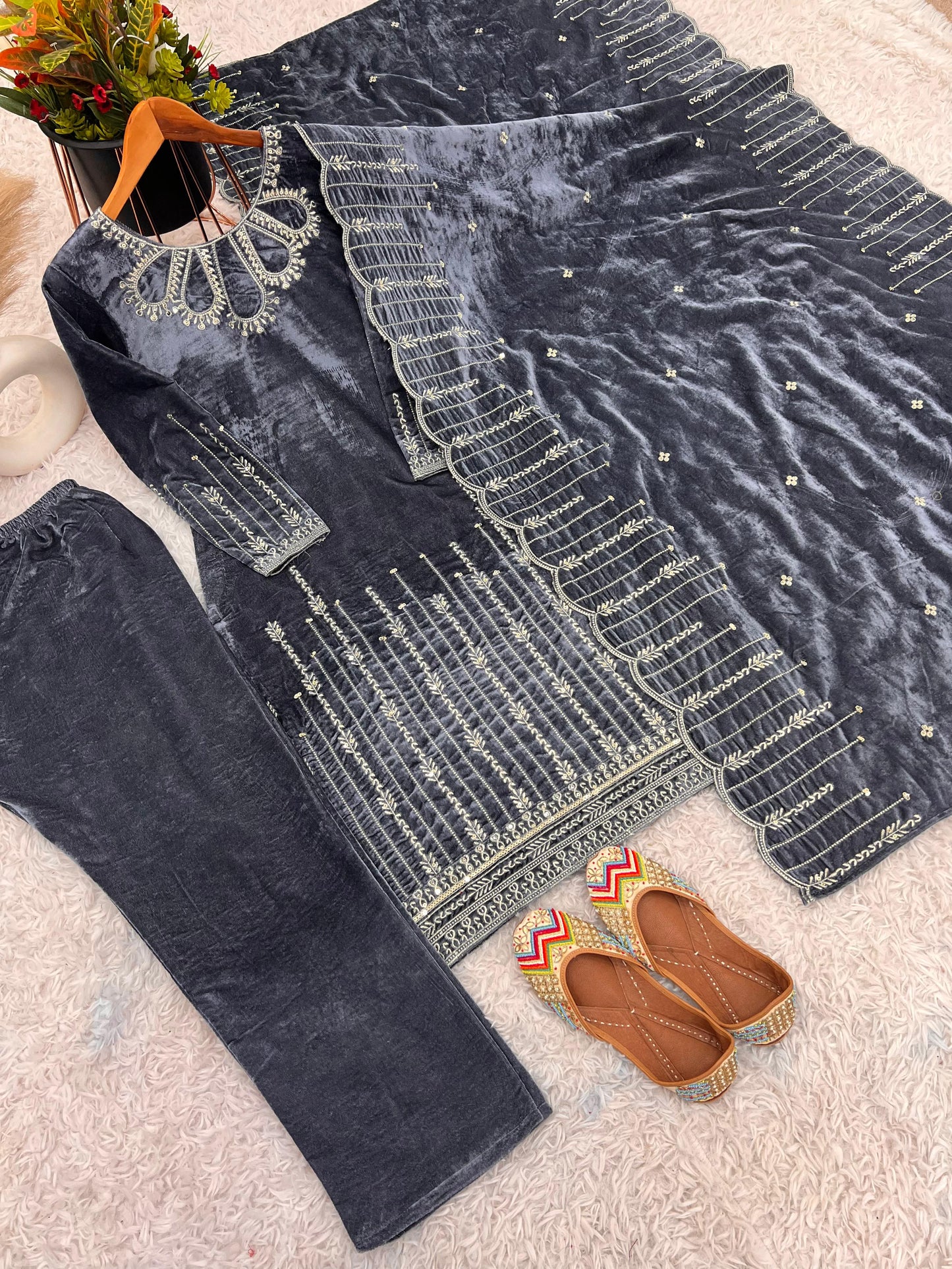 Stylish Grey Color Heavy Viscose Velvet With Heavy Embroidery Sequence Work Designer Salwar Suit