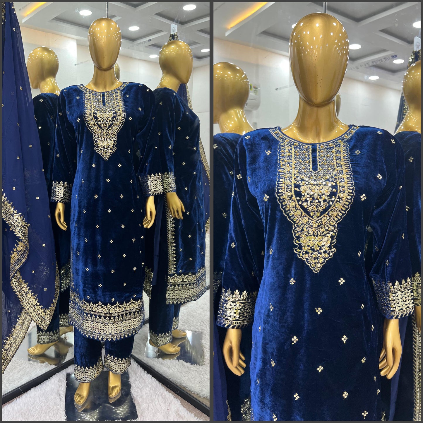 Wedding Wear Navy Blue Color Pure Heavy Viscose Velvet With Heavy Embroidery Sequence Work Neck Moti Work Salwar Suit
