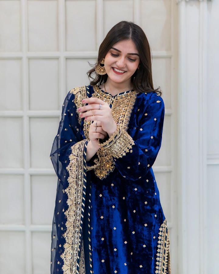 Wedding Wear Navy Blue Color Pure Heavy Viscose Velvet With Heavy Embroidery Sequence Work Neck Moti Work Salwar Suit