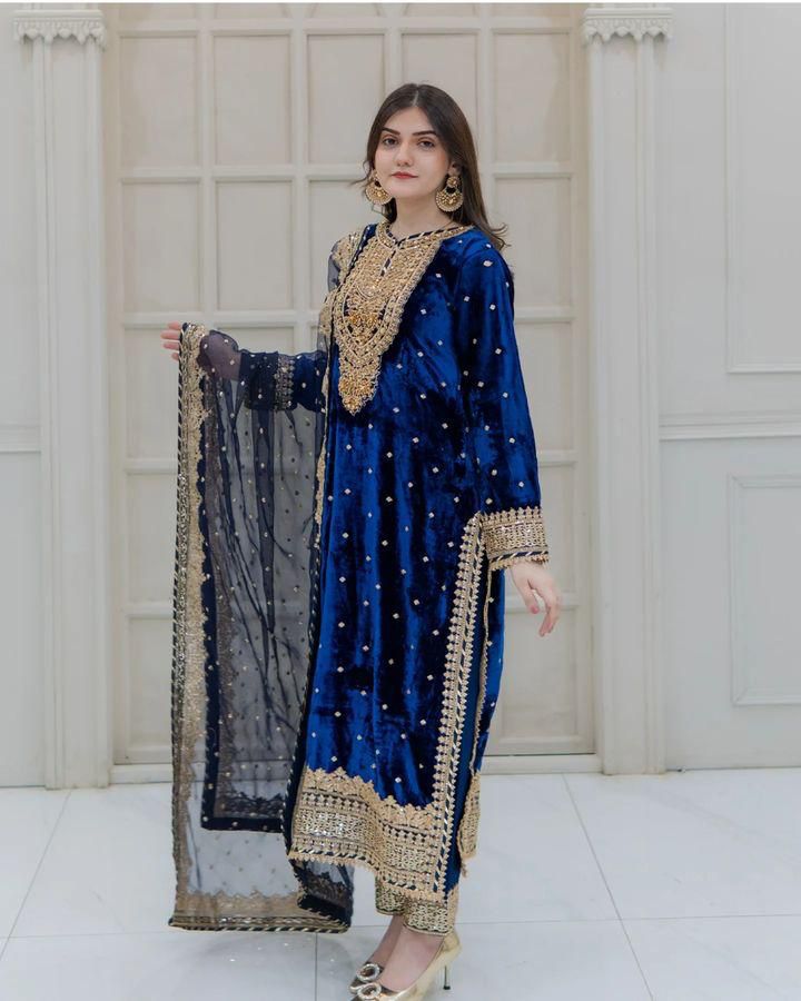 Wedding Wear Navy Blue Color Pure Heavy Viscose Velvet With Heavy Embroidery Sequence Work Neck Moti Work Salwar Suit