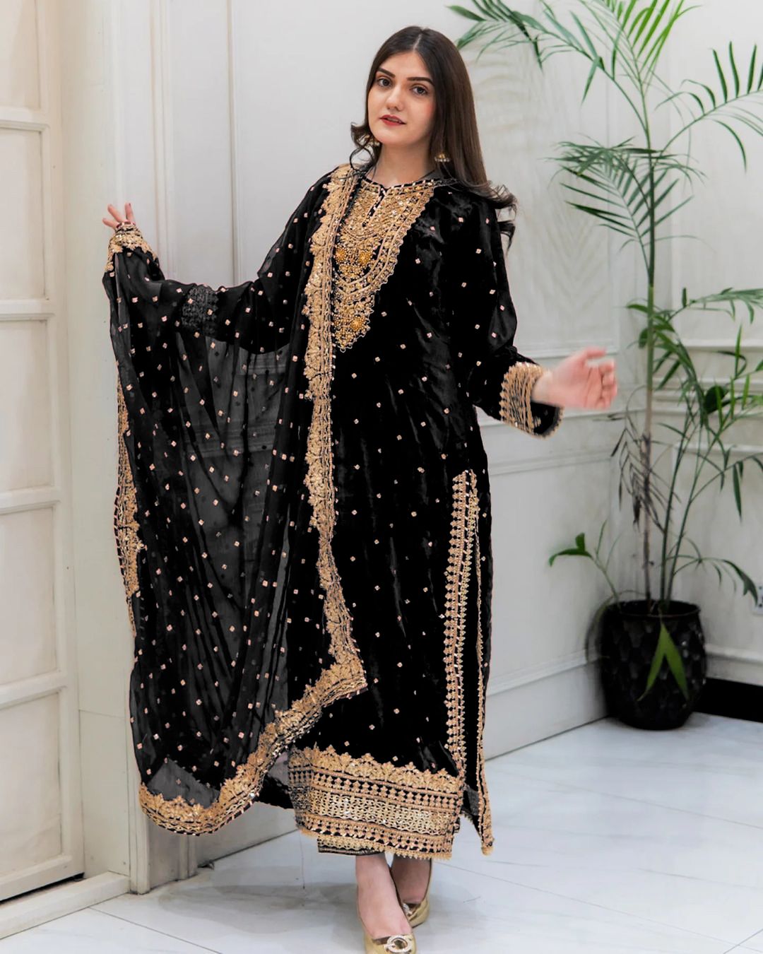 Wedding Wear Black Color Pure Heavy Viscose Velvet With Heavy Embroidery Sequence Work Neck Moti Work Salwar Suit