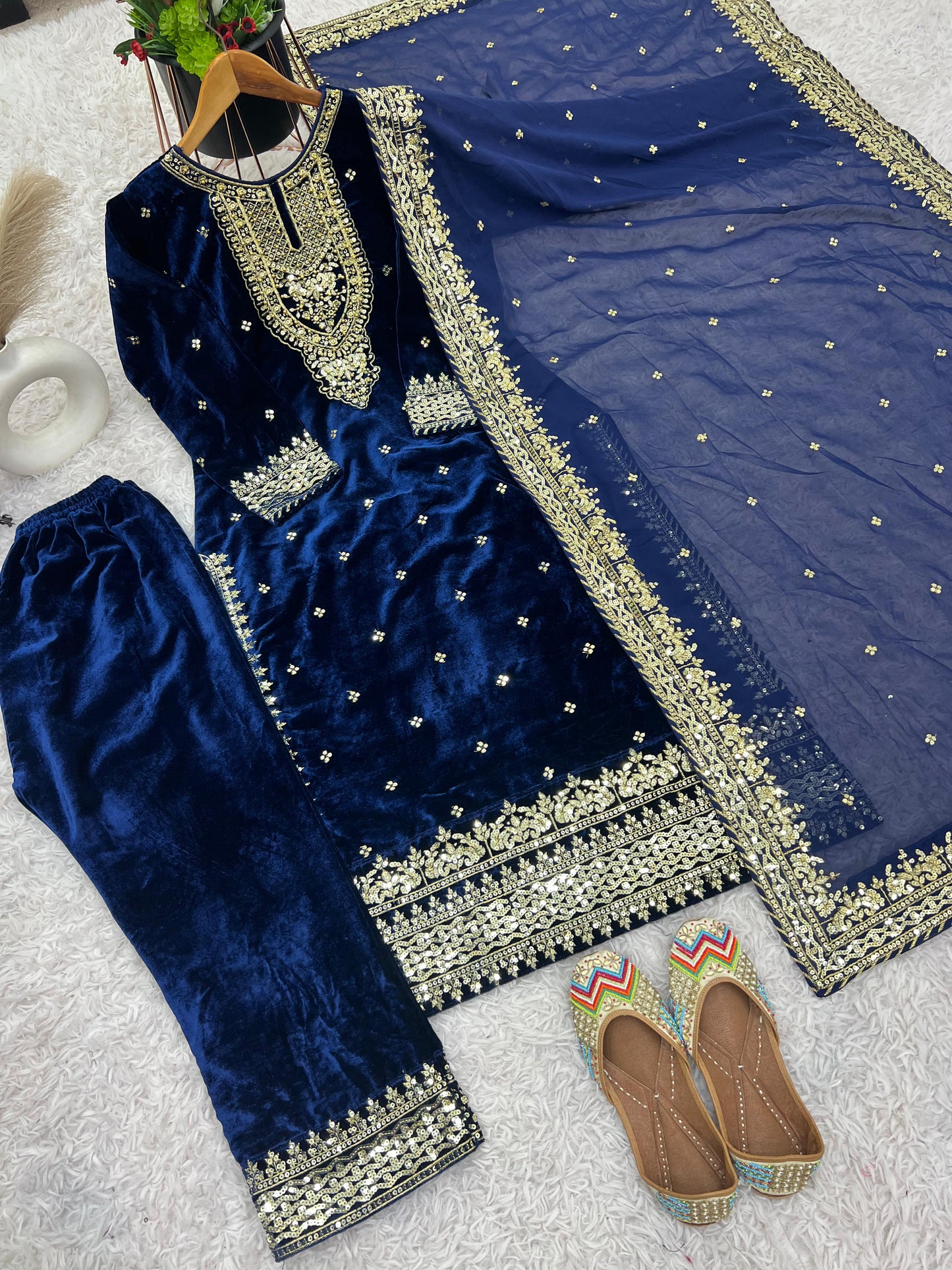 Wedding Wear Navy Blue Color Pure Heavy Viscose Velvet With Heavy Embroidery Sequence Work Neck Moti Work Salwar Suit