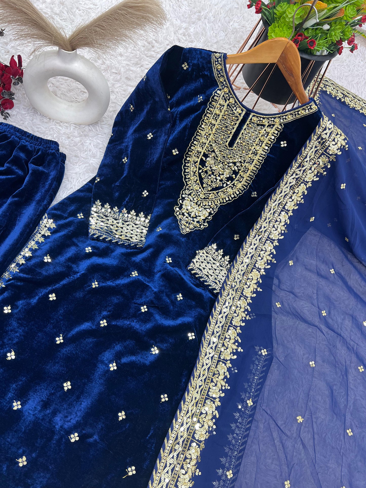Wedding Wear Navy Blue Color Pure Heavy Viscose Velvet With Heavy Embroidery Sequence Work Neck Moti Work Salwar Suit
