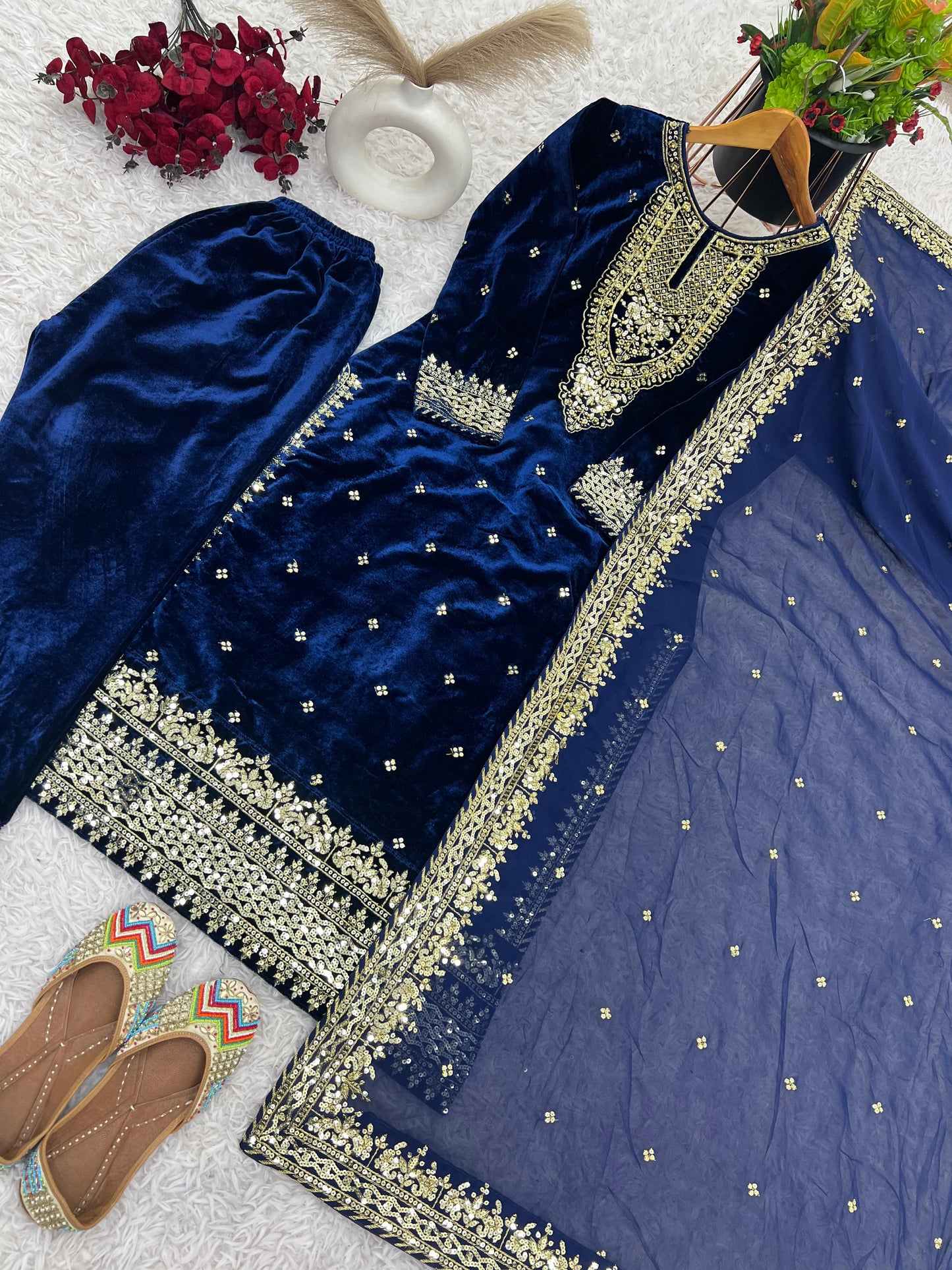 Wedding Wear Navy Blue Color Pure Heavy Viscose Velvet With Heavy Embroidery Sequence Work Neck Moti Work Salwar Suit