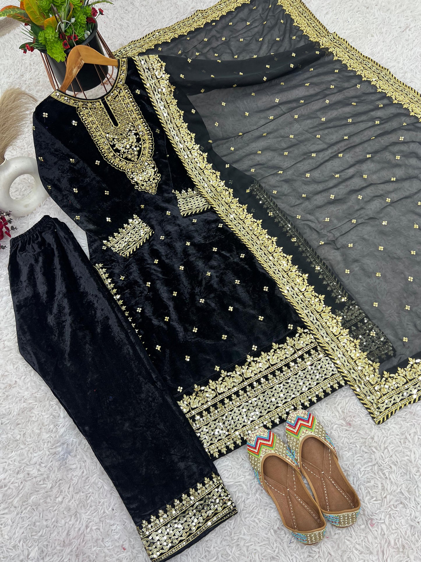 Wedding Wear Black Color Pure Heavy Viscose Velvet With Heavy Embroidery Sequence Work Neck Moti Work Salwar Suit