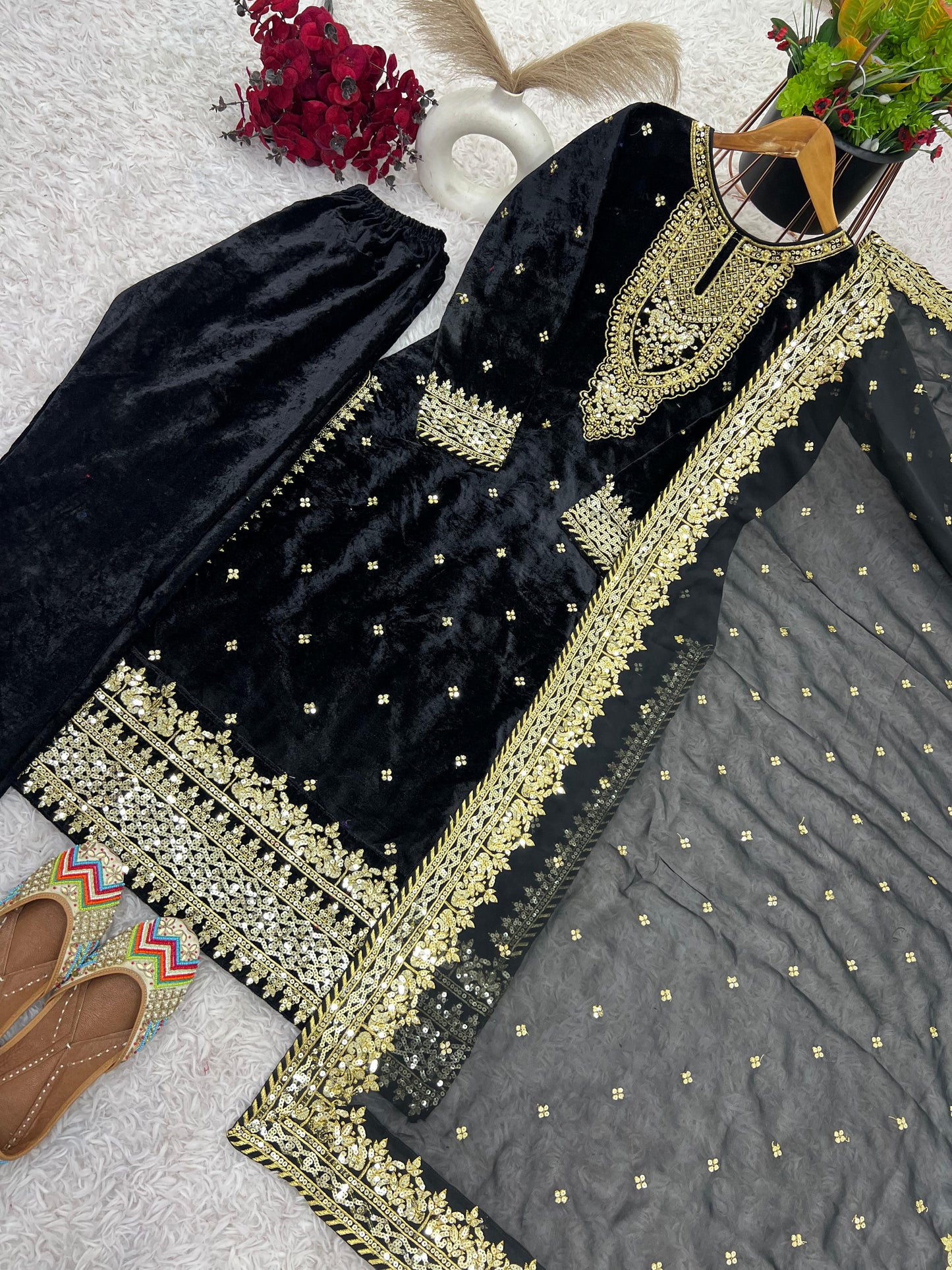 Wedding Wear Black Color Pure Heavy Viscose Velvet With Heavy Embroidery Sequence Work Neck Moti Work Salwar Suit