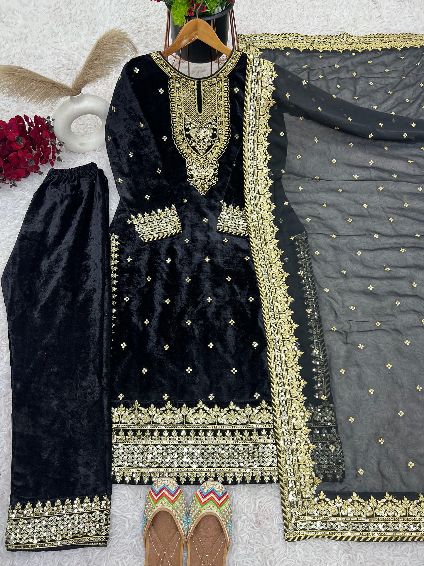 Wedding Wear Black Color Pure Heavy Viscose Velvet With Heavy Embroidery Sequence Work Neck Moti Work Salwar Suit