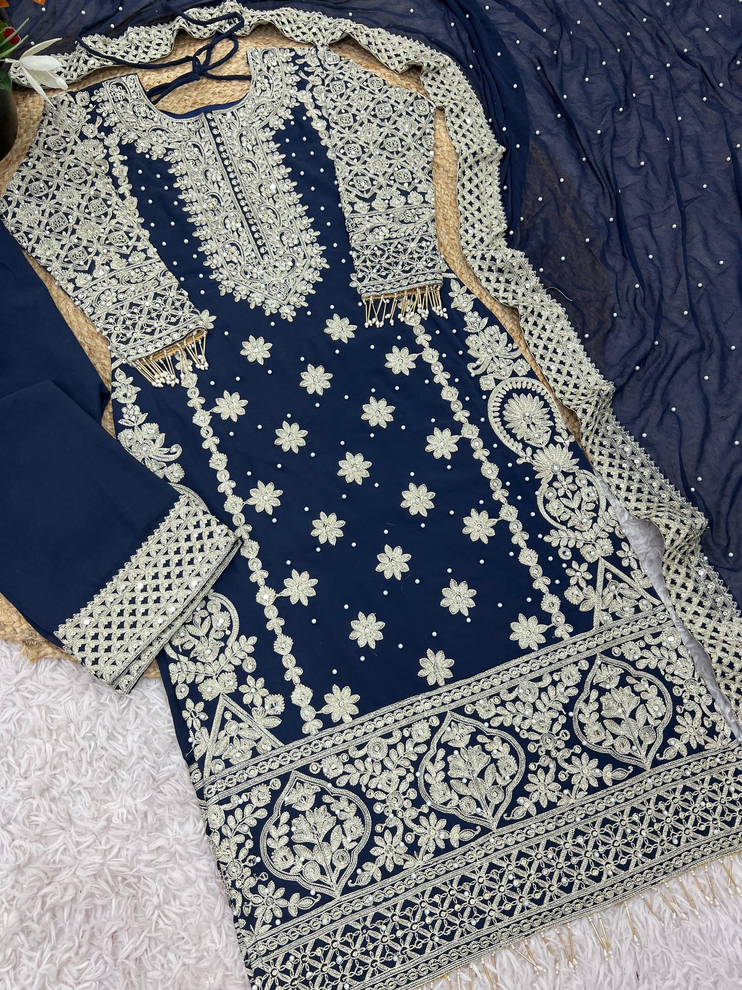 Reception Wear Navy Blue Color Faux Georgette With Heavy Embroidery Sequence Work Designer Salwar Suit