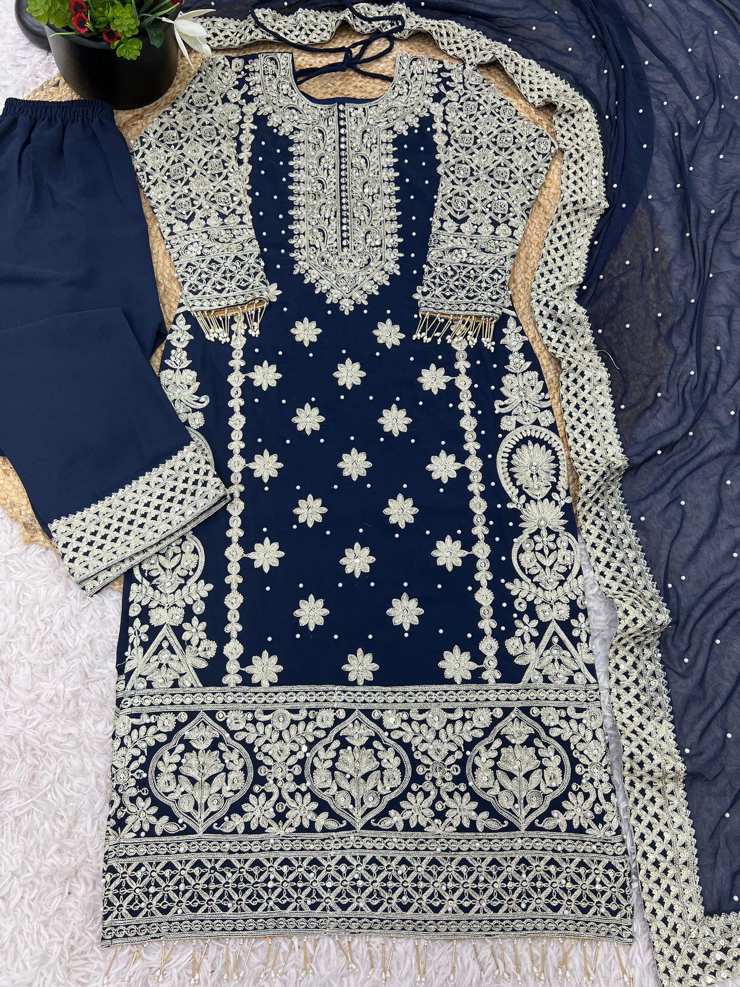 Reception Wear Navy Blue Color Faux Georgette With Heavy Embroidery Sequence Work Designer Salwar Suit
