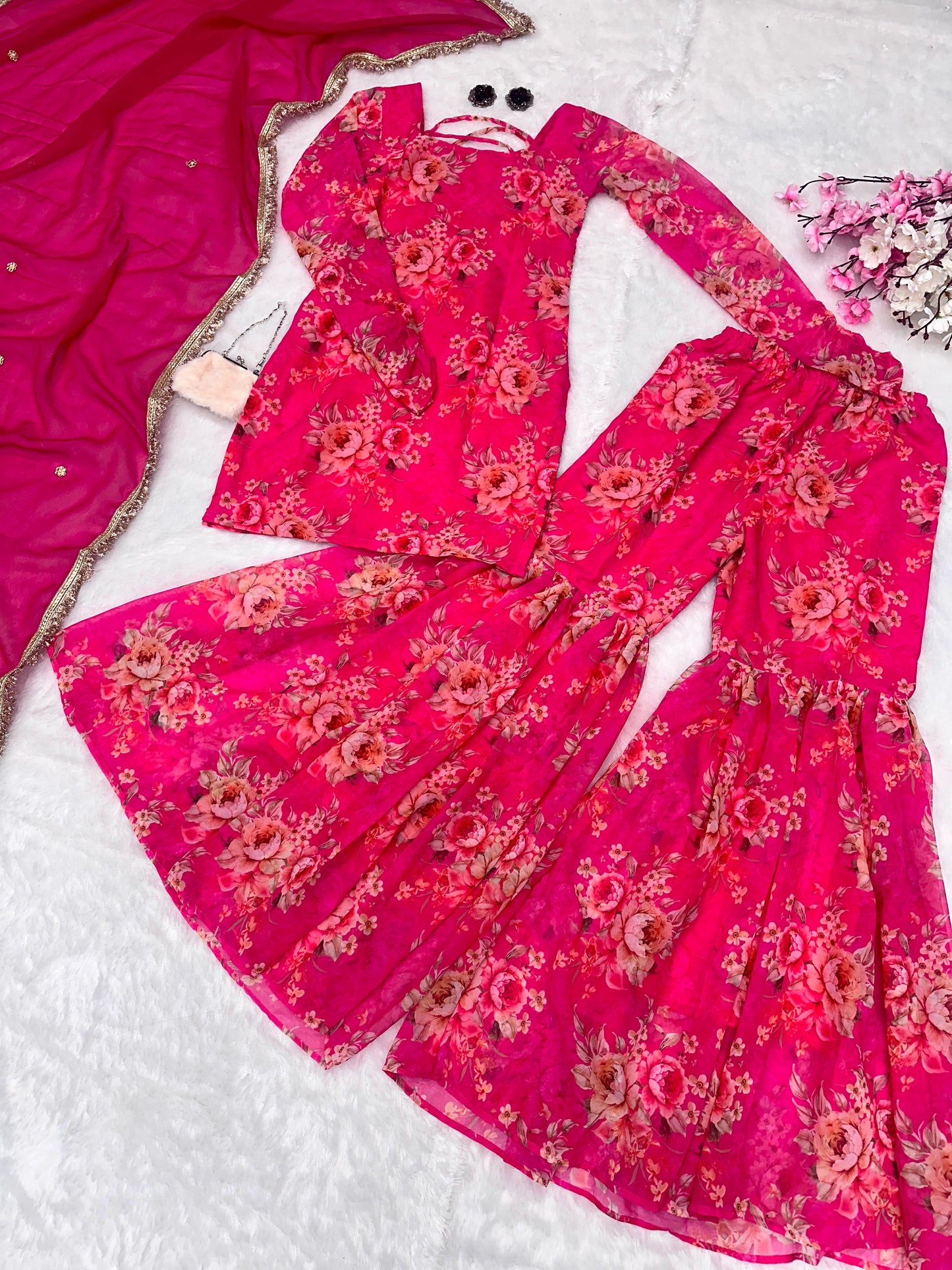 Wedding Wear Pink Color Digital Flower Printed Georgette Kurta With Sharara