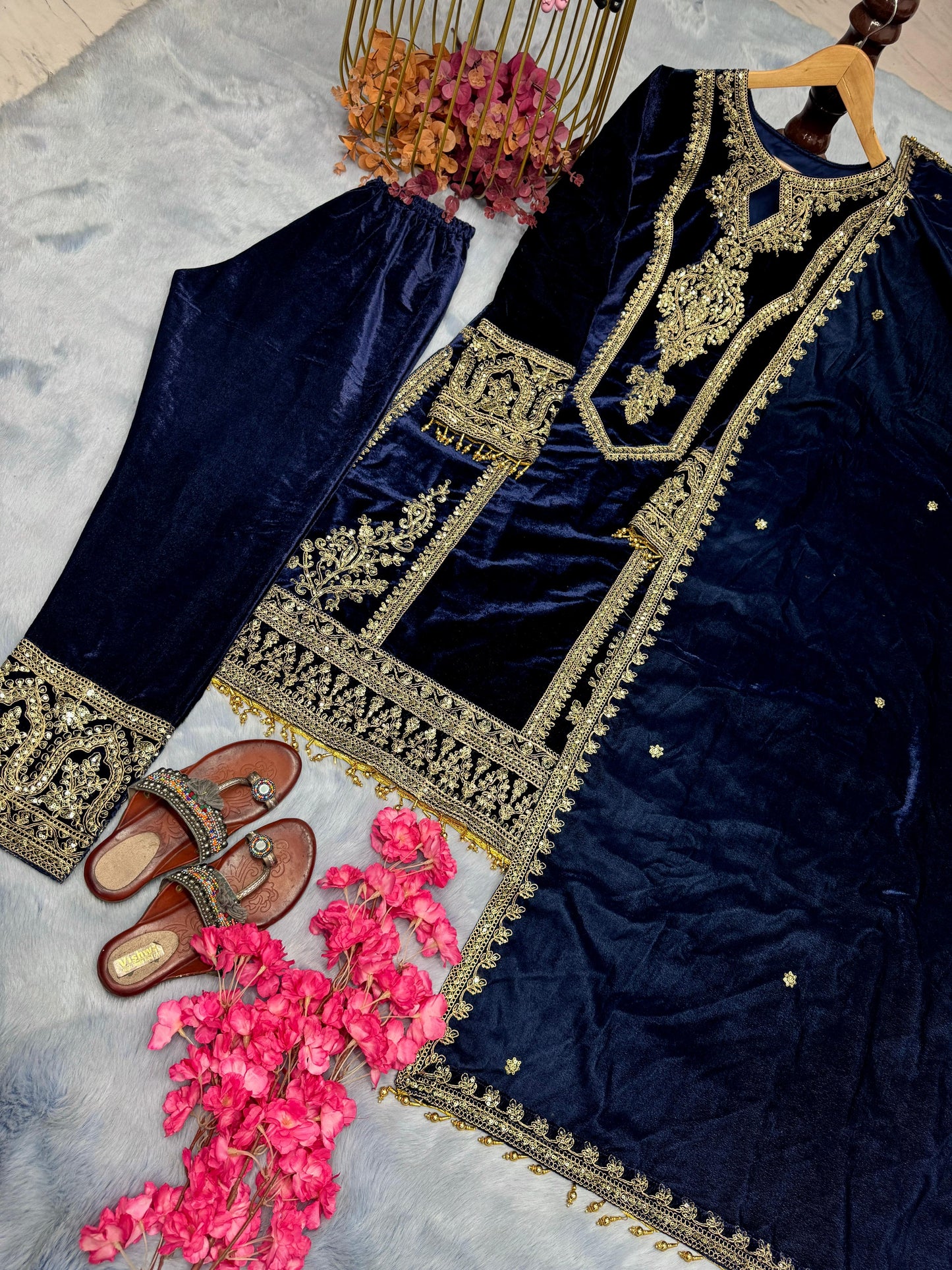 Alluring Navy Blue Color Heavy Pure Viscose Velvet With Embroidery 3mm Sequins And Coding Dori Work Designer Salwar Suit