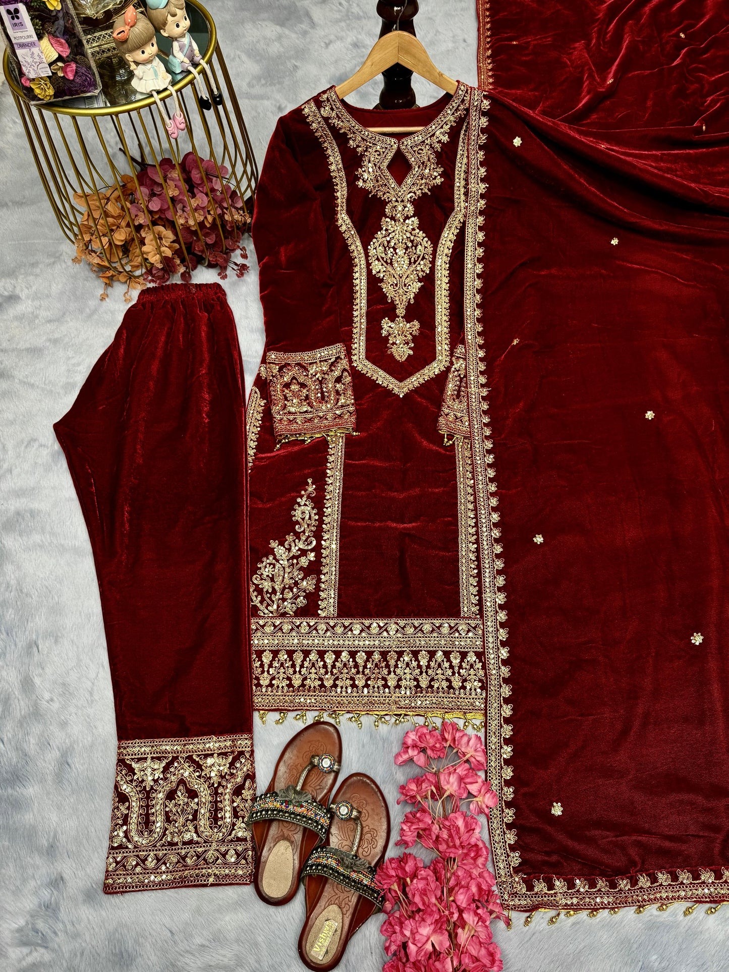Alluring Maroon Color Heavy Pure Viscose Velvet With Embroidery 3mm Sequins And Coding Dori Work Designer Salwar Suit