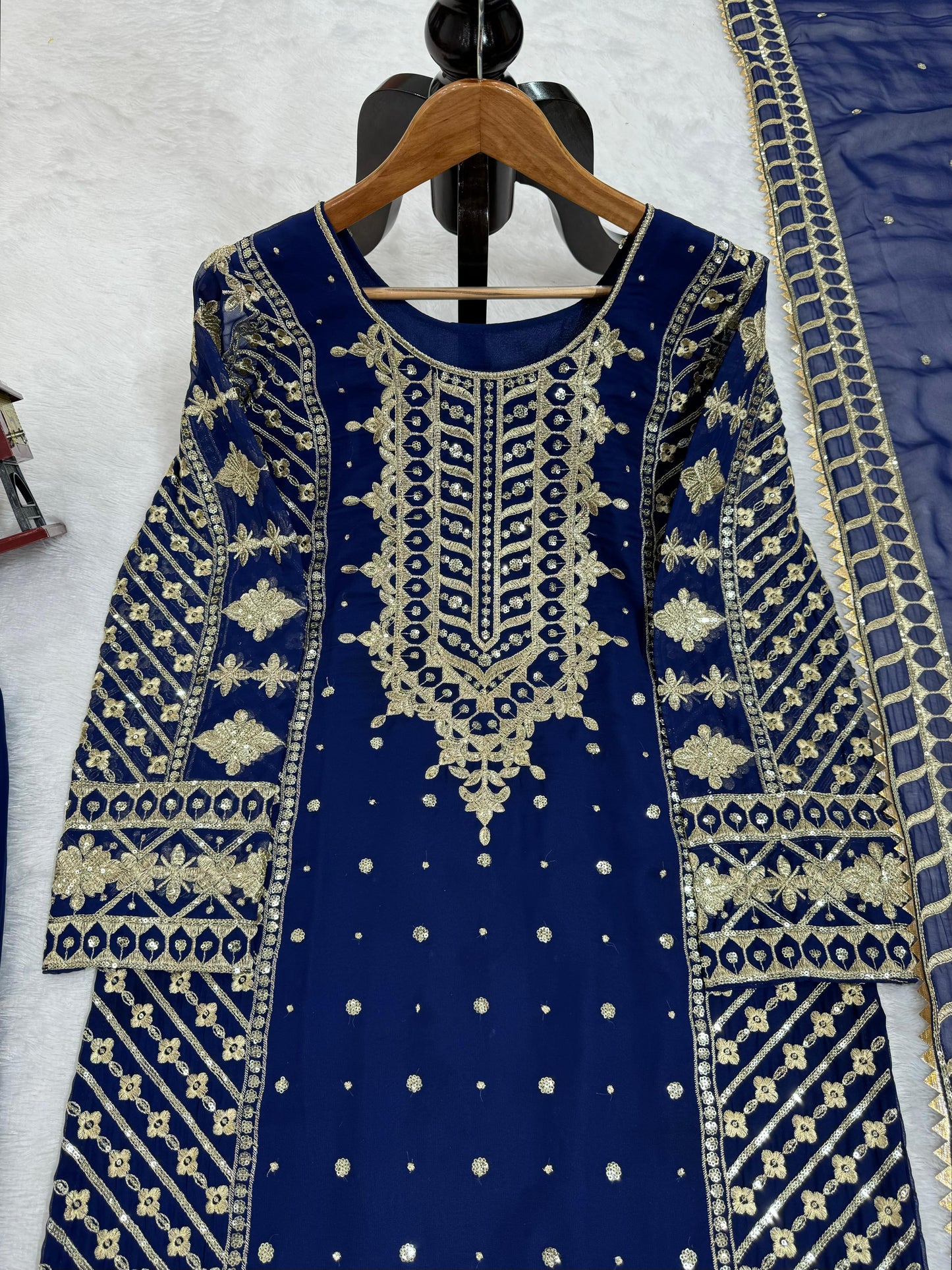 Ceremony Wear Navy Blue Color Faux Georgette And Thread With Sequence Work Designer Salwar Suit