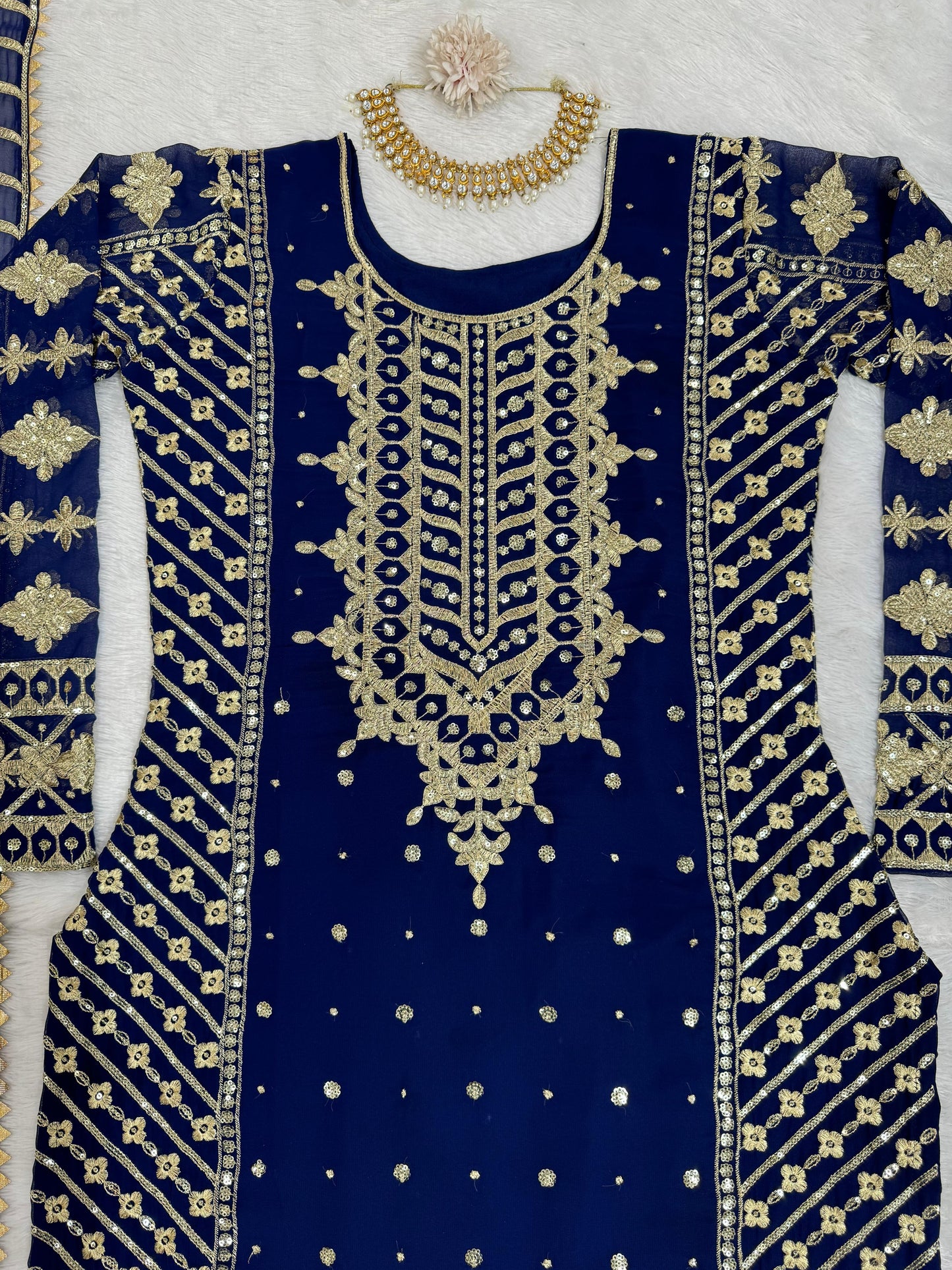 Ceremony Wear Navy Blue Color Faux Georgette And Thread With Sequence Work Designer Salwar Suit