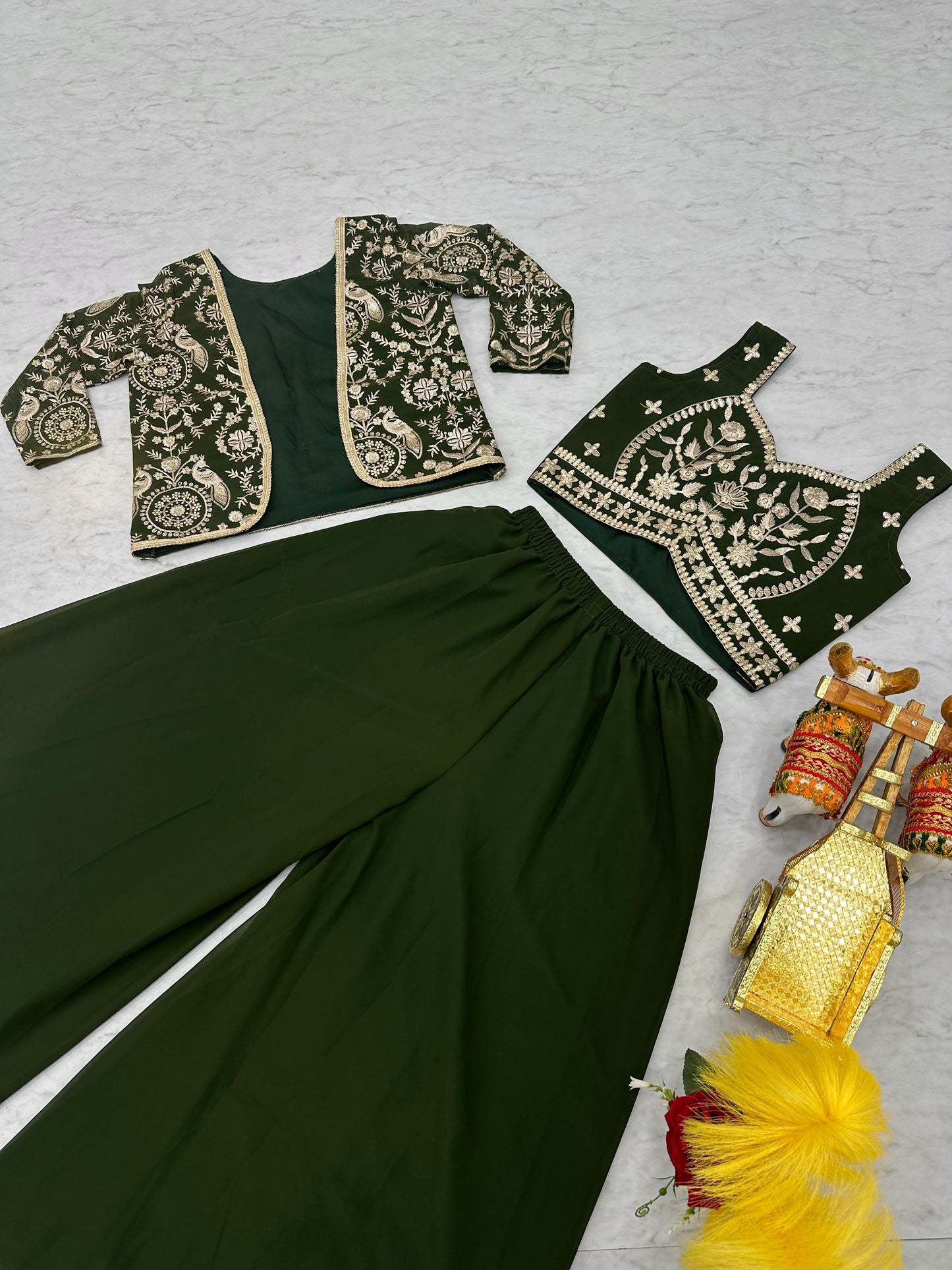 Bollywood Wear Green Color Heavy Faux Georgette With Heavy Embroidery Work Koti With Choli Palazzo Suit