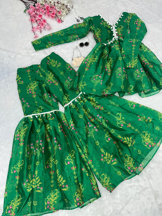 Stunning Green Color Digital Printed Jimmy Organza Kurta With Kodi Work Designer Sharara Suit