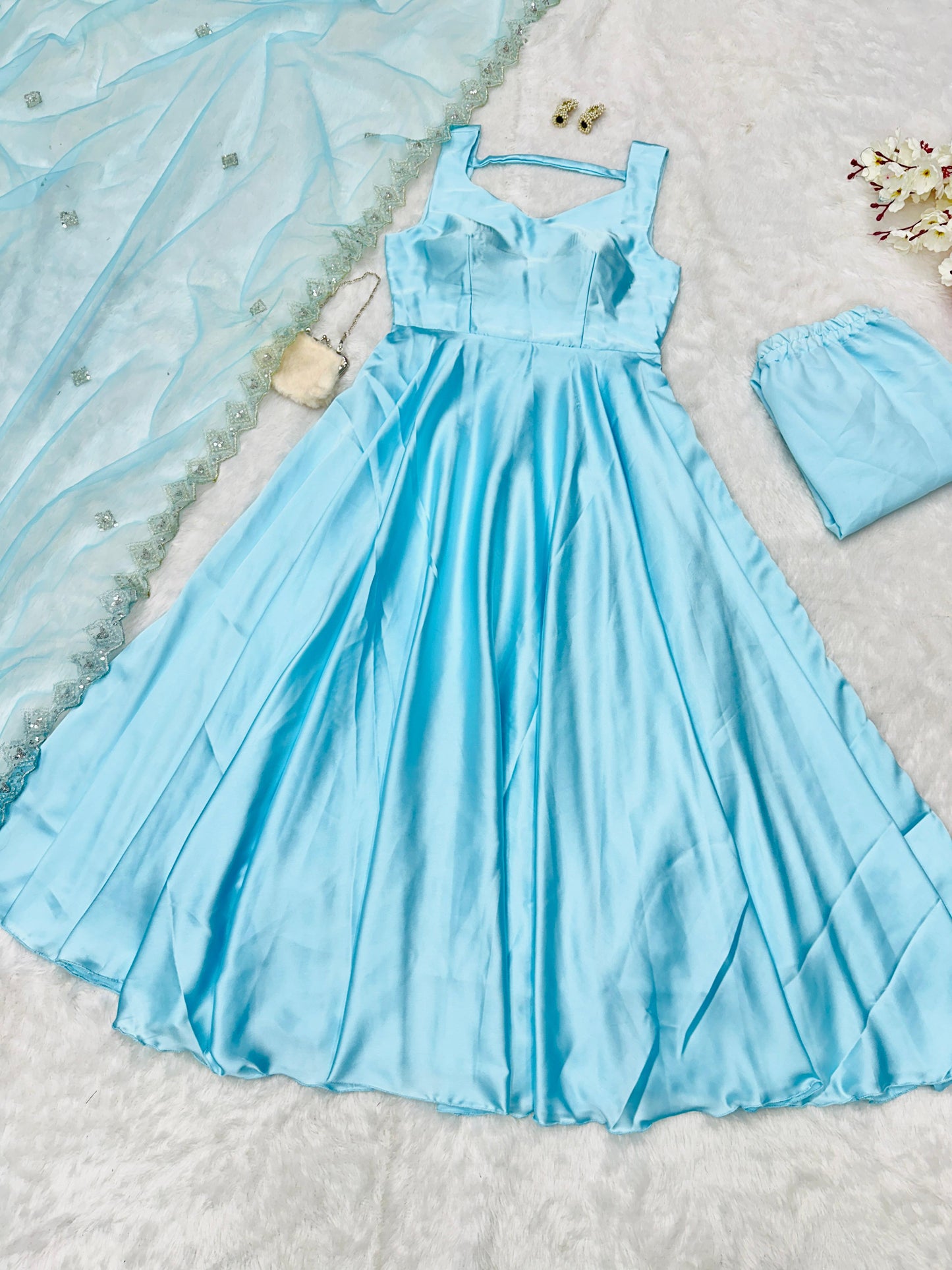Latest Designer Beautiful Sky Blue Color Pure Japan Satin Anarkali Suit