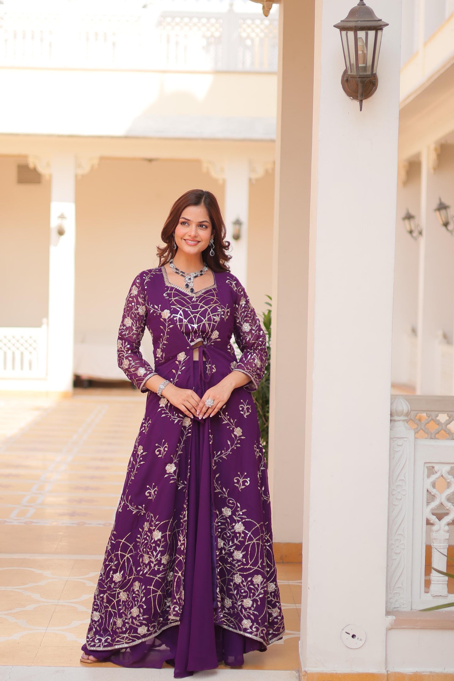 Wedding Wear Purple Color Faux Georgette With Heavy 3mm Embroidery Work Designer Palazzo With Choli And Shrug
