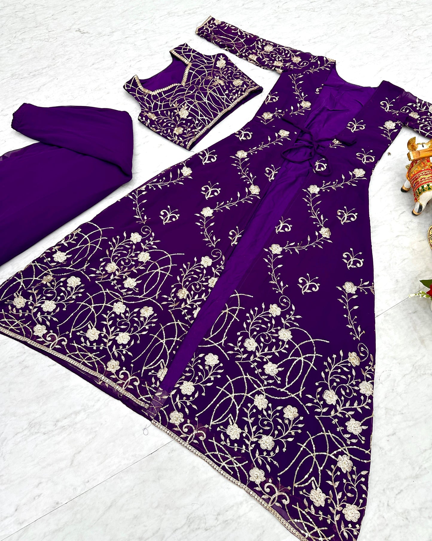 Wedding Wear Purple Color Faux Georgette With Heavy 3mm Embroidery Work Designer Palazzo With Choli And Shrug