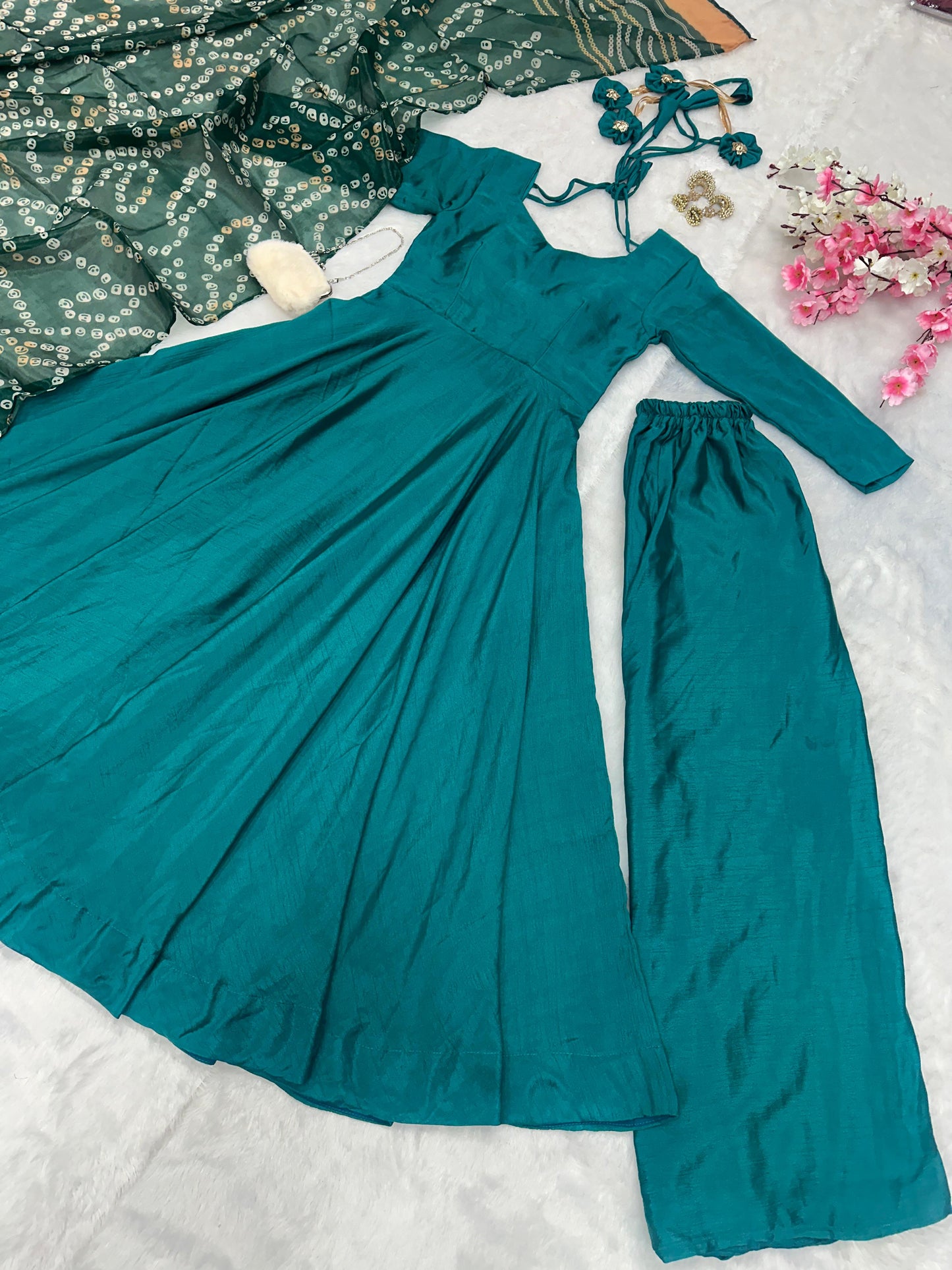 Wedding Wear Teal Green Color Designer Chinnon Silk Anarkali Palazzo Suit