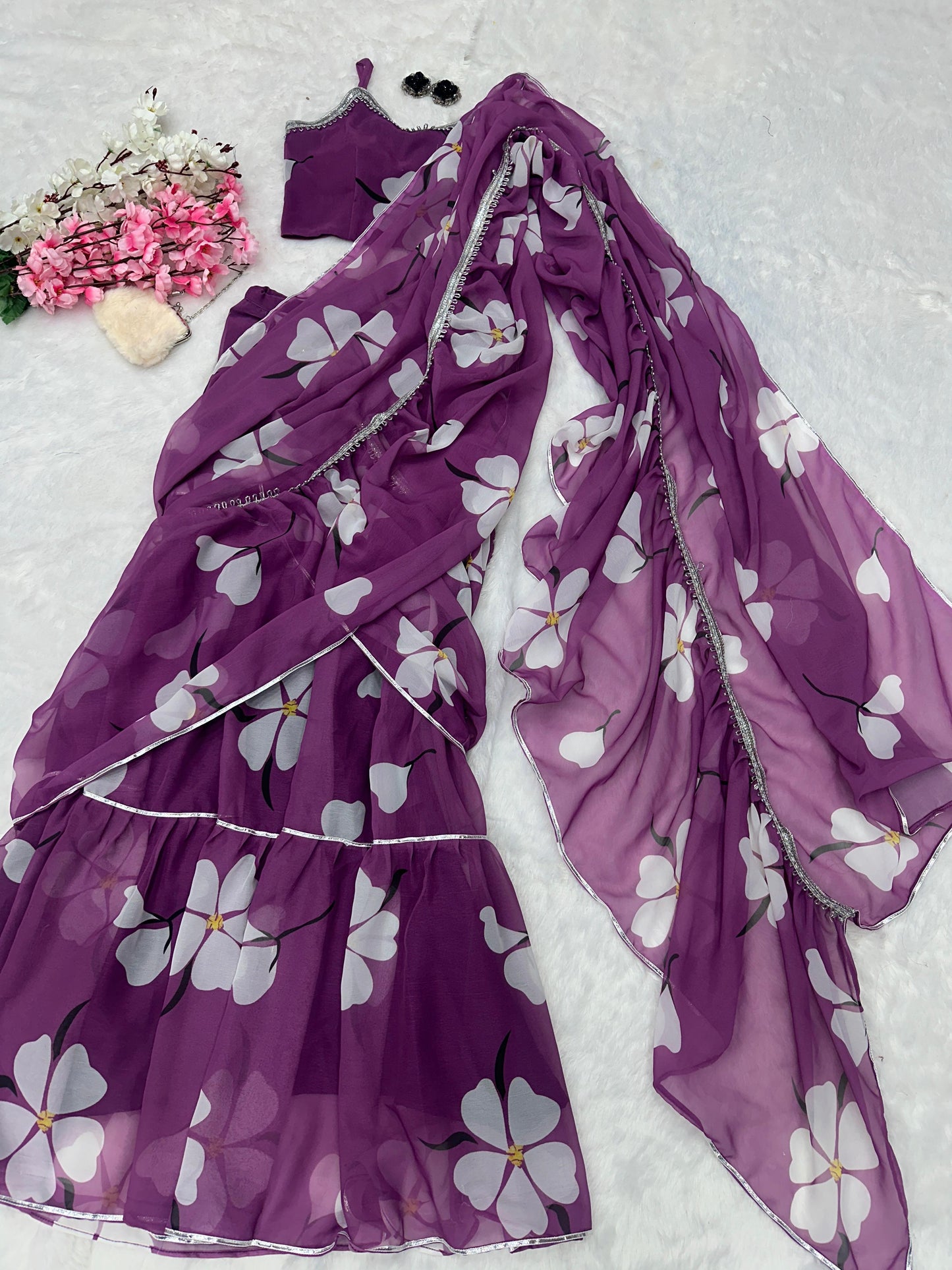 Fabulous Lavender Color Georgette Ruffle Stayle Lehnga With Attatched Dupatta Style Pattern Ready To Wear Lehenga Saree
