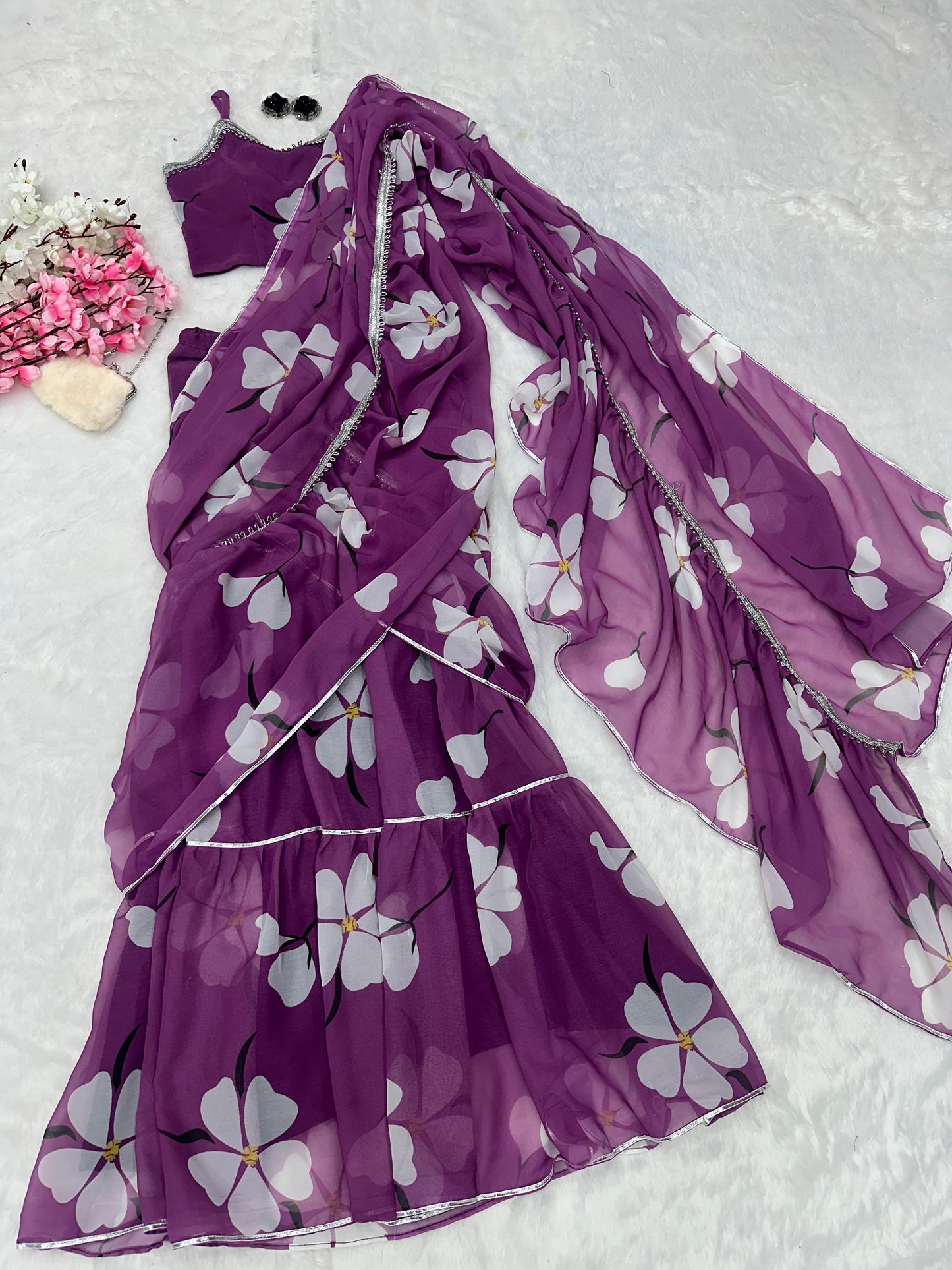 Fabulous Lavender Color Georgette Ruffle Stayle Lehnga With Attatched Dupatta Style Pattern Ready To Wear Lehenga Saree