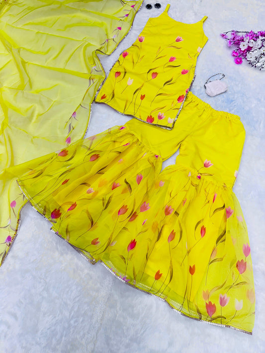 Haldi Ceremony Yellow Color Digital Printed Organza Kurta With Sharara Suit