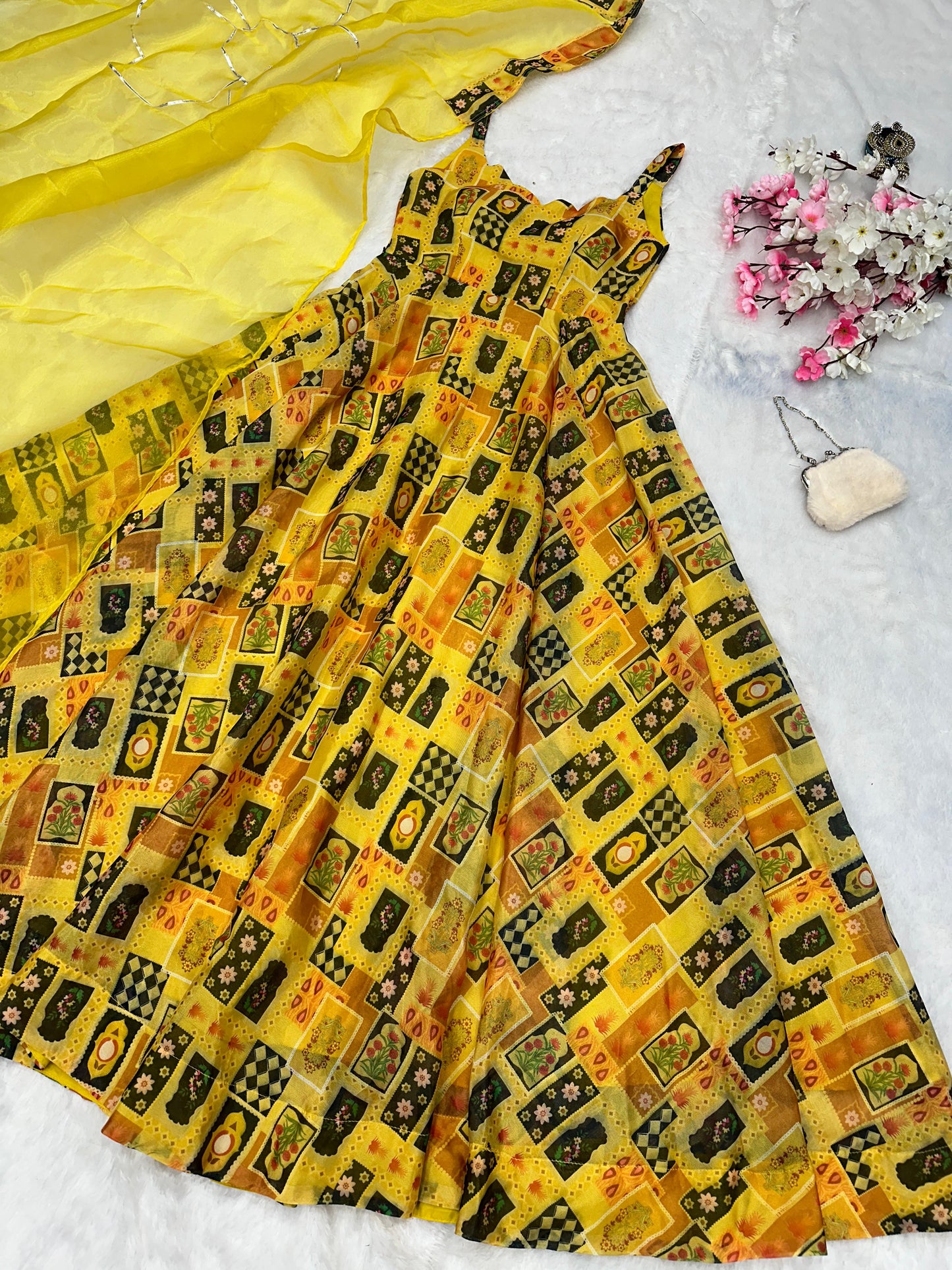 Haldi Ceremony Yellow Color Pure Jimmy Organza Silk Digital Printed Padded Designer Gown