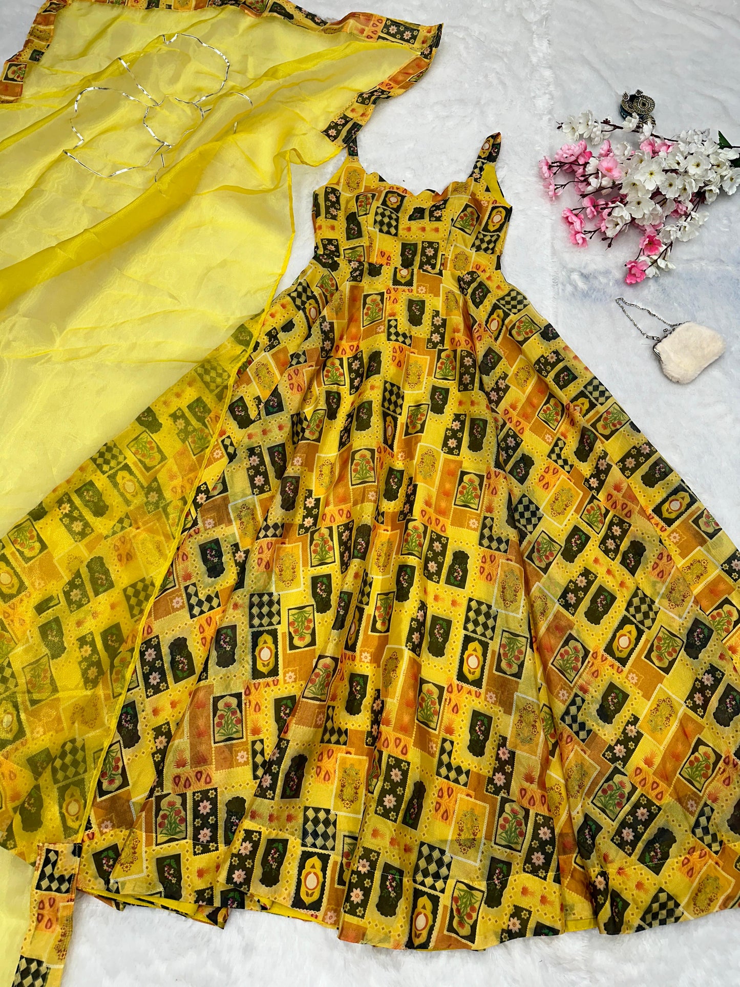 Haldi Ceremony Yellow Color Pure Jimmy Organza Silk Digital Printed Padded Designer Gown