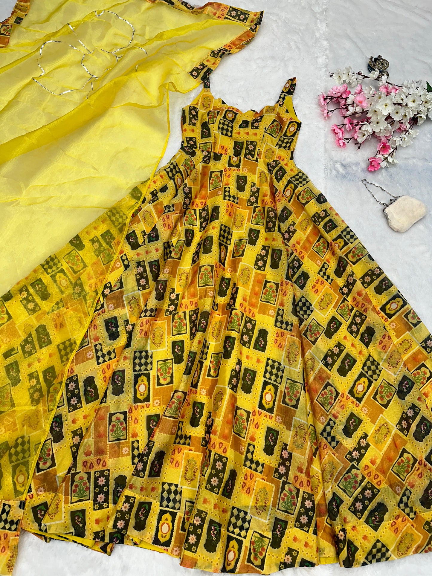 Haldi Ceremony Yellow Color Pure Jimmy Organza Silk Digital Printed Padded Designer Gown