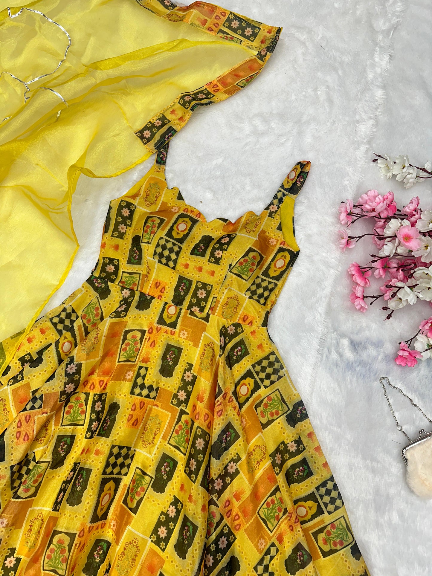 Haldi Ceremony Yellow Color Pure Jimmy Organza Silk Digital Printed Padded Designer Gown