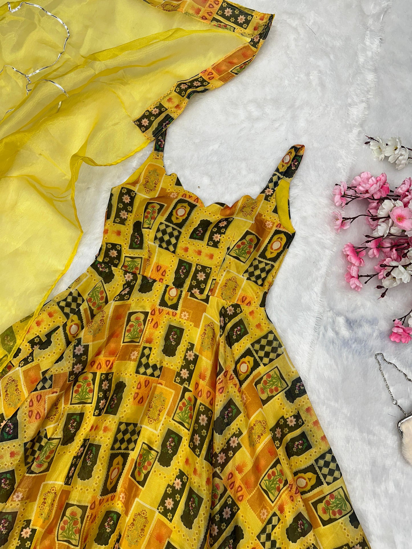 Haldi Ceremony Yellow Color Pure Jimmy Organza Silk Digital Printed Padded Designer Gown