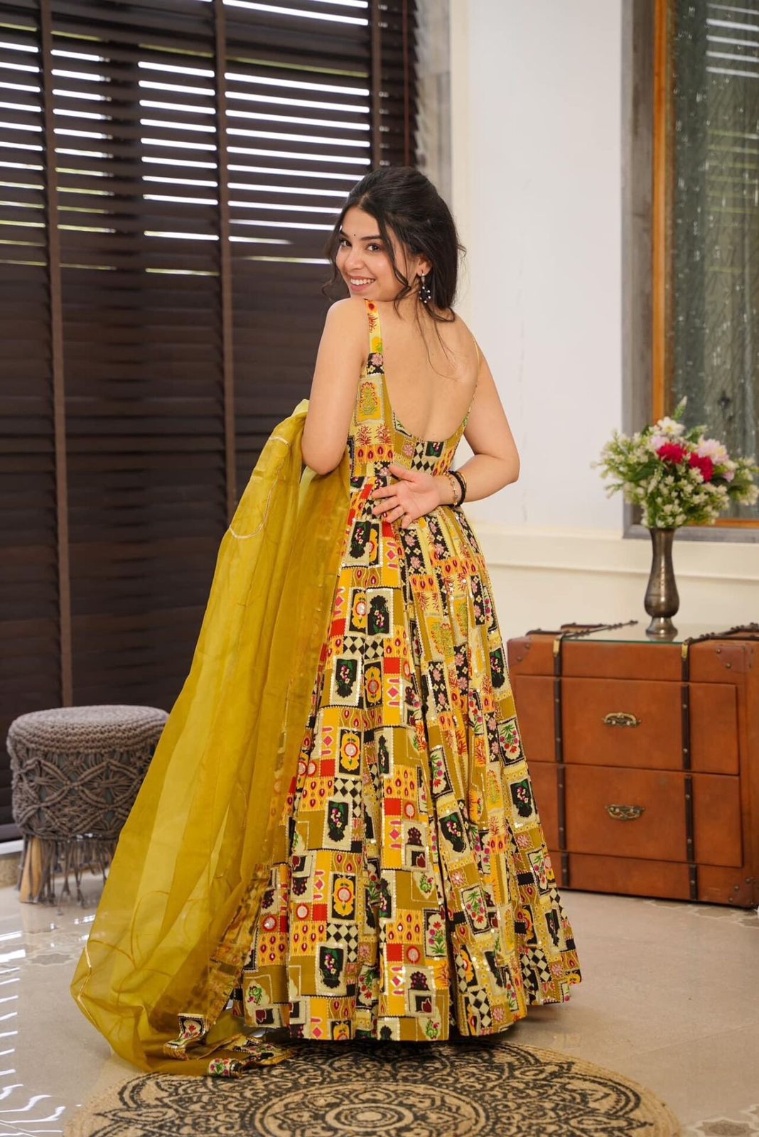Haldi Ceremony Yellow Color Pure Jimmy Organza Silk Digital Printed Padded Designer Gown