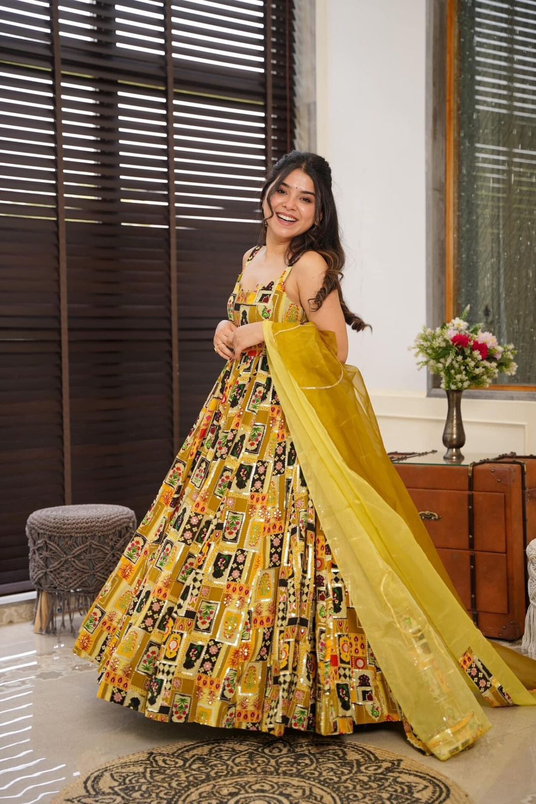 Haldi Ceremony Yellow Color Pure Jimmy Organza Silk Digital Printed Padded Designer Gown