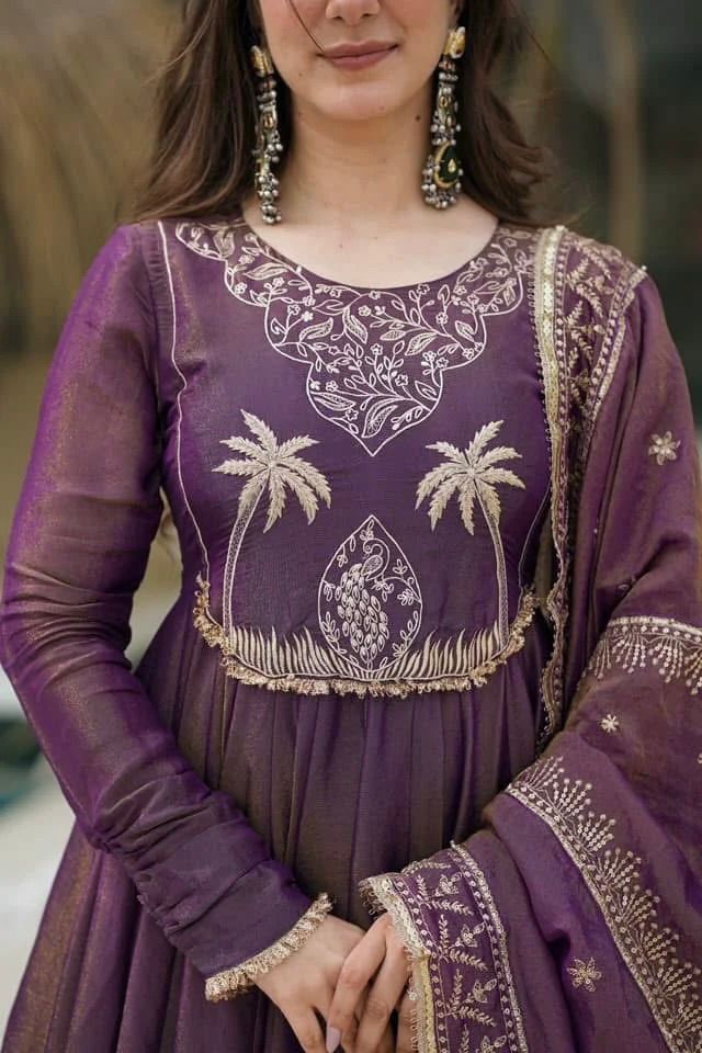 Engagement Wear Lavender Color Gold Crash With Heavy Embroidery Sequence Work With Fully Flair Designer Gown