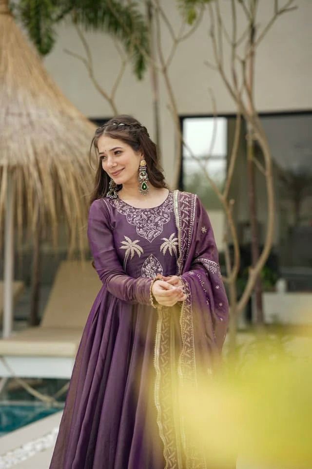 Engagement Wear Lavender Color Gold Crash With Heavy Embroidery Sequence Work With Fully Flair Designer Gown