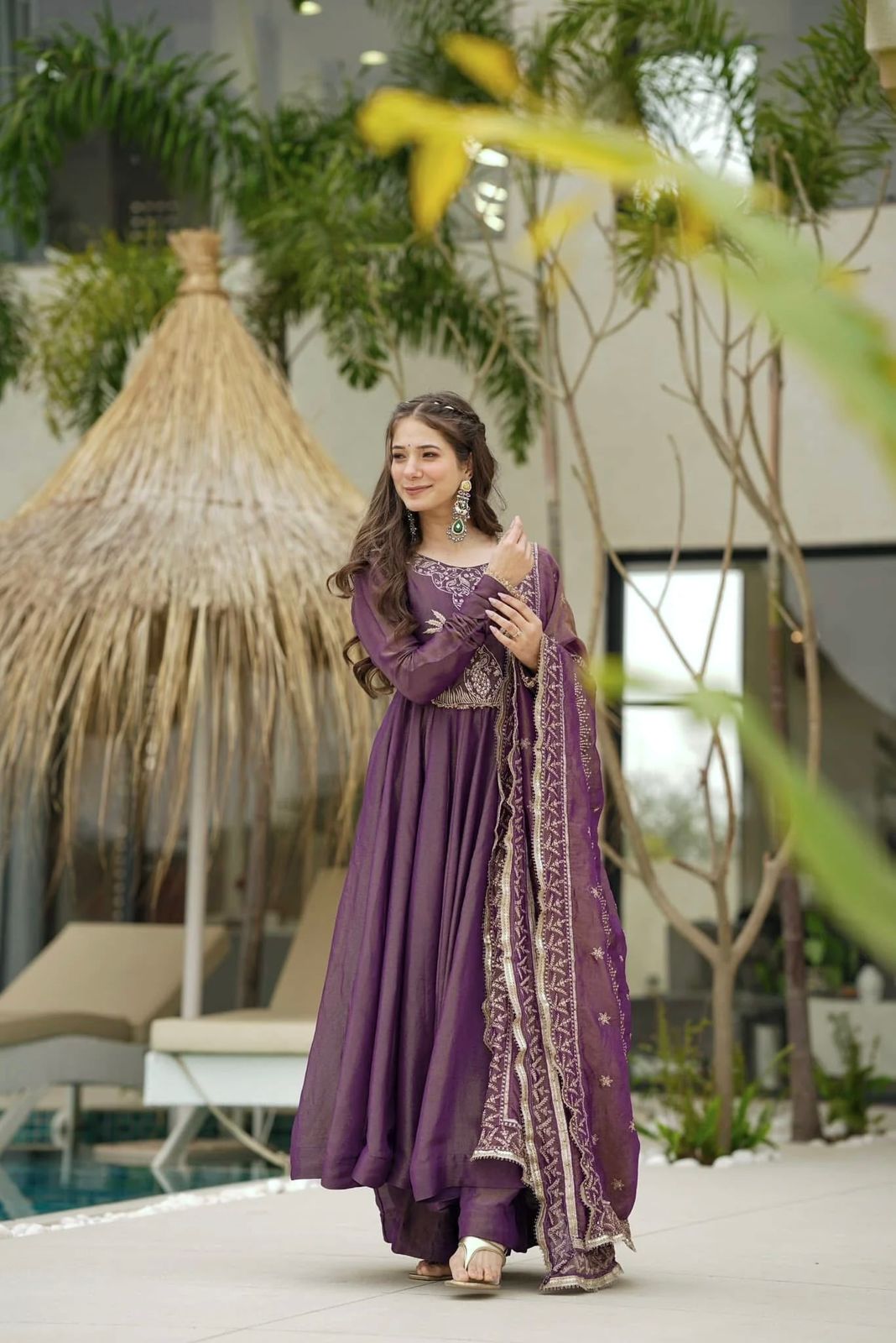 Engagement Wear Lavender Color Gold Crash With Heavy Embroidery Sequence Work With Fully Flair Designer Gown