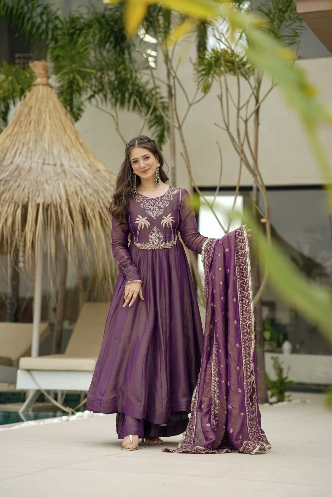 Engagement Wear Lavender Color Gold Crash With Heavy Embroidery Sequence Work With Fully Flair Designer Gown