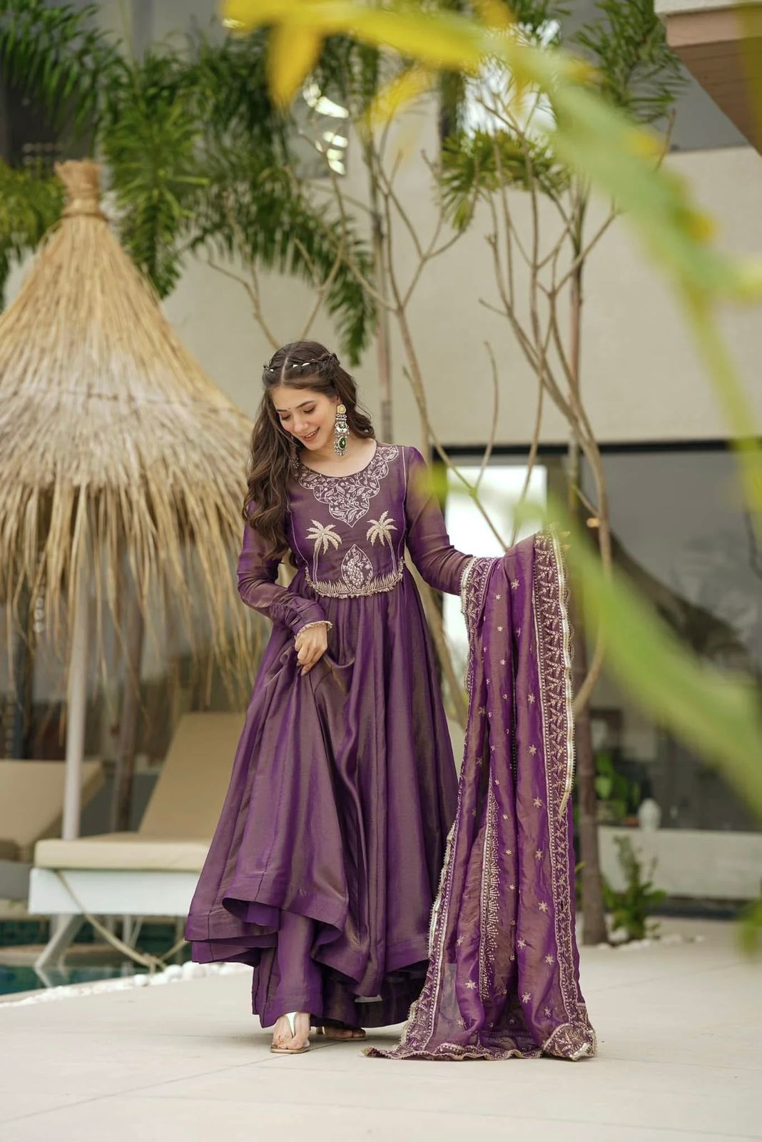 Engagement Wear Lavender Color Gold Crash With Heavy Embroidery Sequence Work With Fully Flair Designer Gown