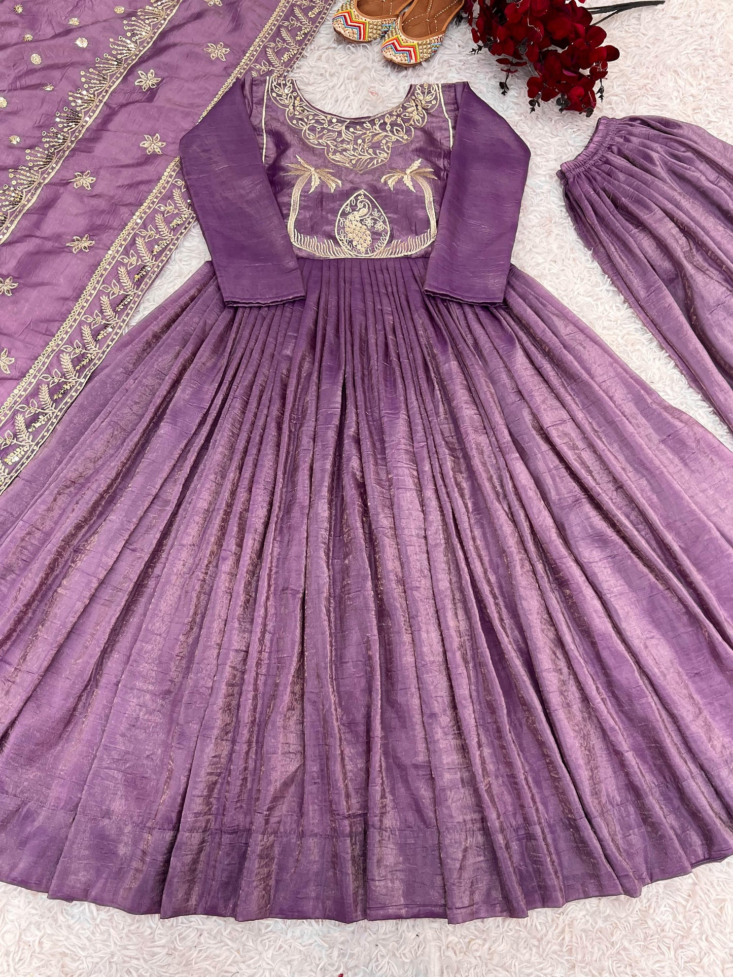 Engagement Wear Lavender Color Gold Crash With Heavy Embroidery Sequence Work With Fully Flair Designer Gown